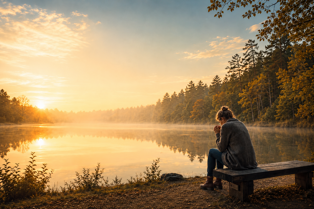Person sitting on a wooden bench beside a peaceful lake at sunrise, surrounded by autumn trees and golden reflections.