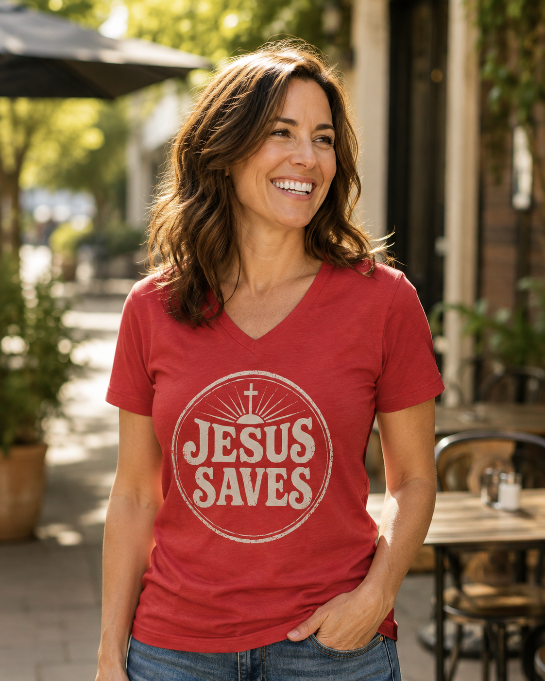 Jesus Saves V‑Neck T‑Shirt — Vintage Faith Graphic Tee