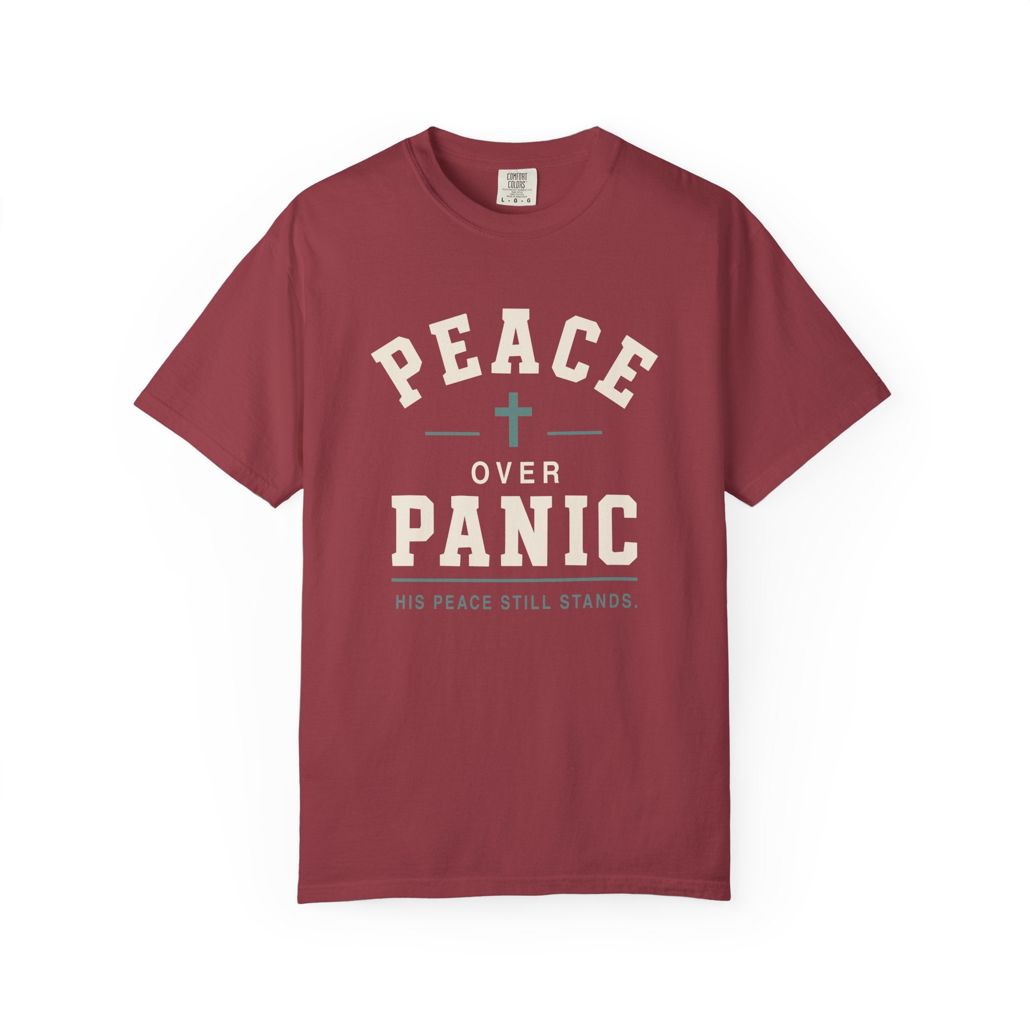 Peace Over Panic cross graphic T-shirt | faith typography, calming message