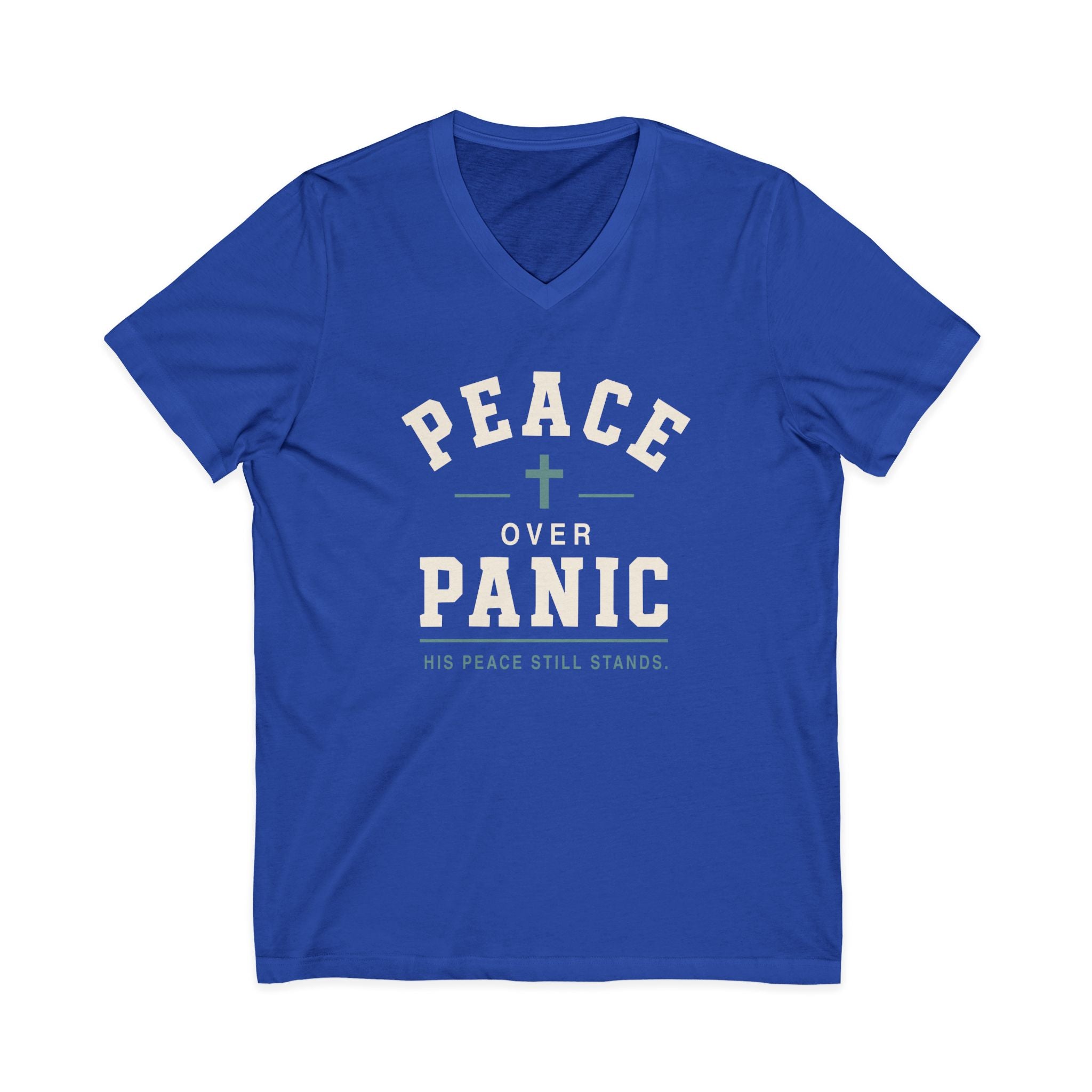 Peace Over Panic V-Neck Tee — Christian Faith Top with Cross (His Peace Still Stands)