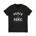 Peace Over Panic V-Neck Tee — Christian Faith Top with Cross (His Peace Still Stands)