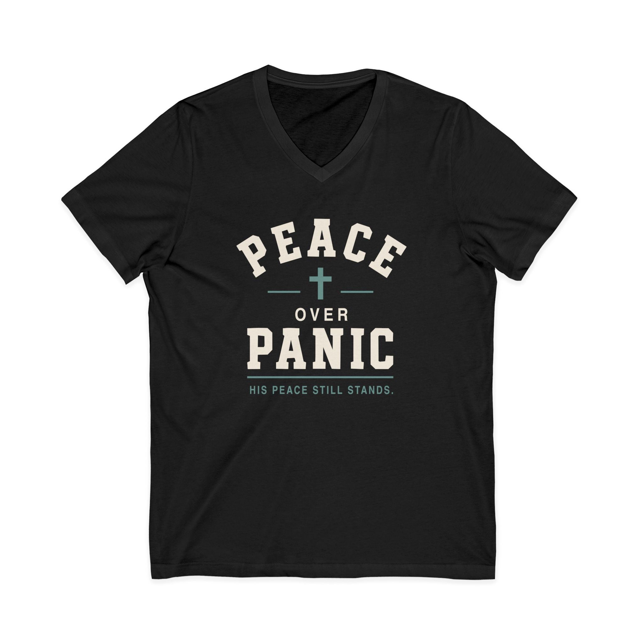 Peace Over Panic V-Neck Tee — Christian Faith Top with Cross (His Peace Still Stands)