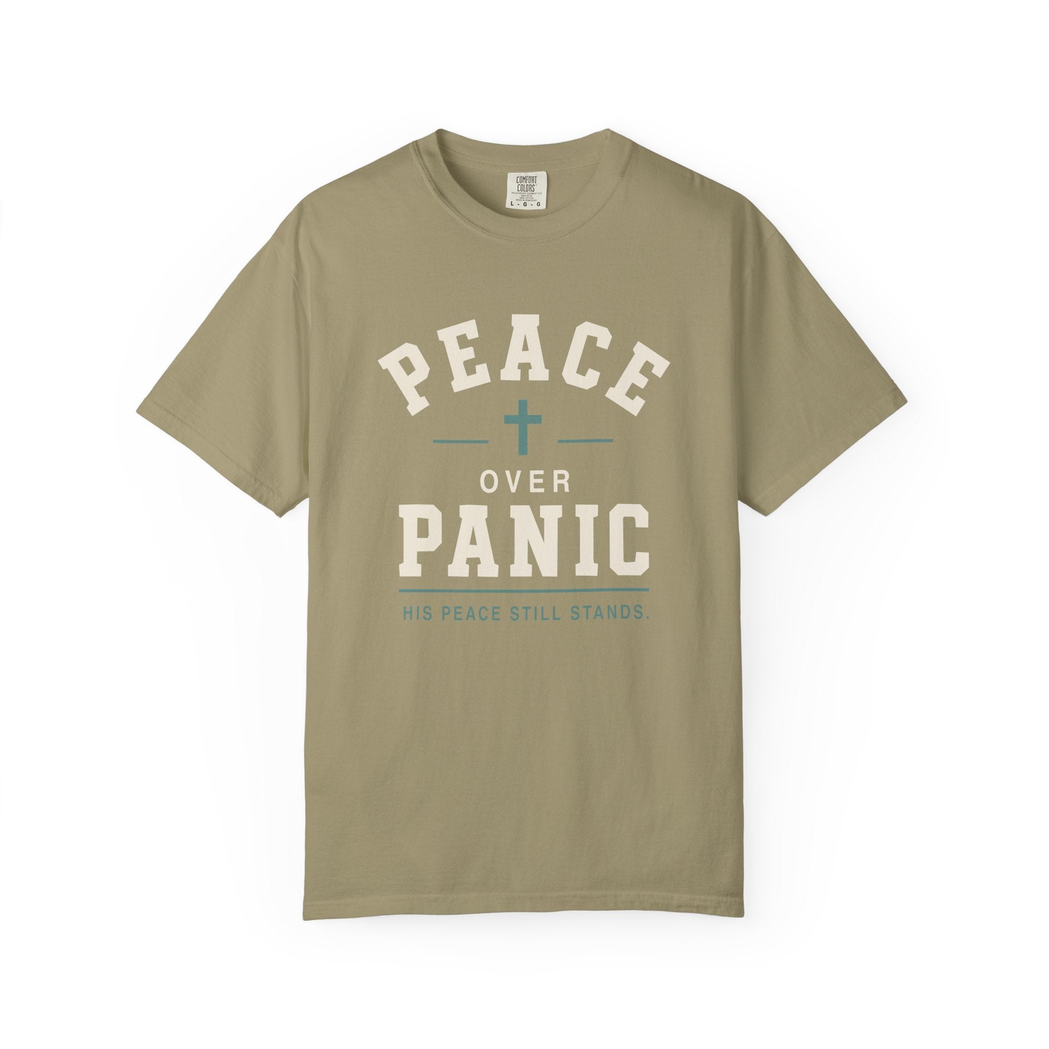 Peace Over Panic cross graphic T-shirt | faith typography, calming message
