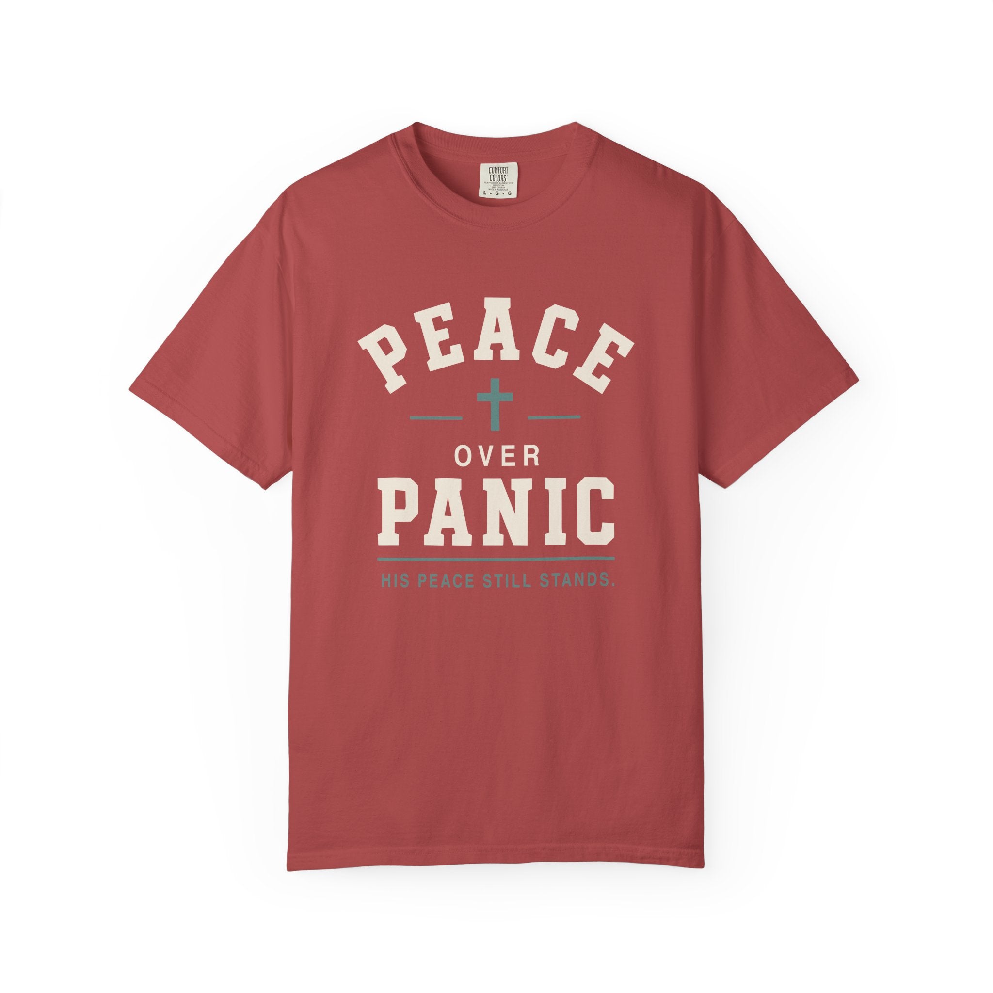 Peace Over Panic cross graphic T-shirt | faith typography, calming message