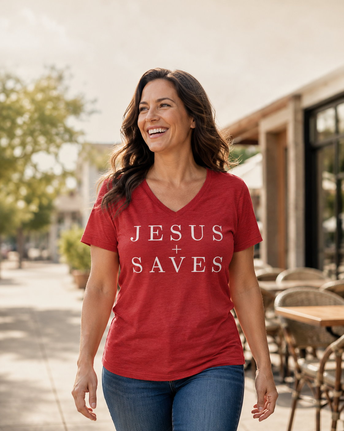 Jesus Saves V-Neck Tee — Christian Faith Graphic T-Shirt