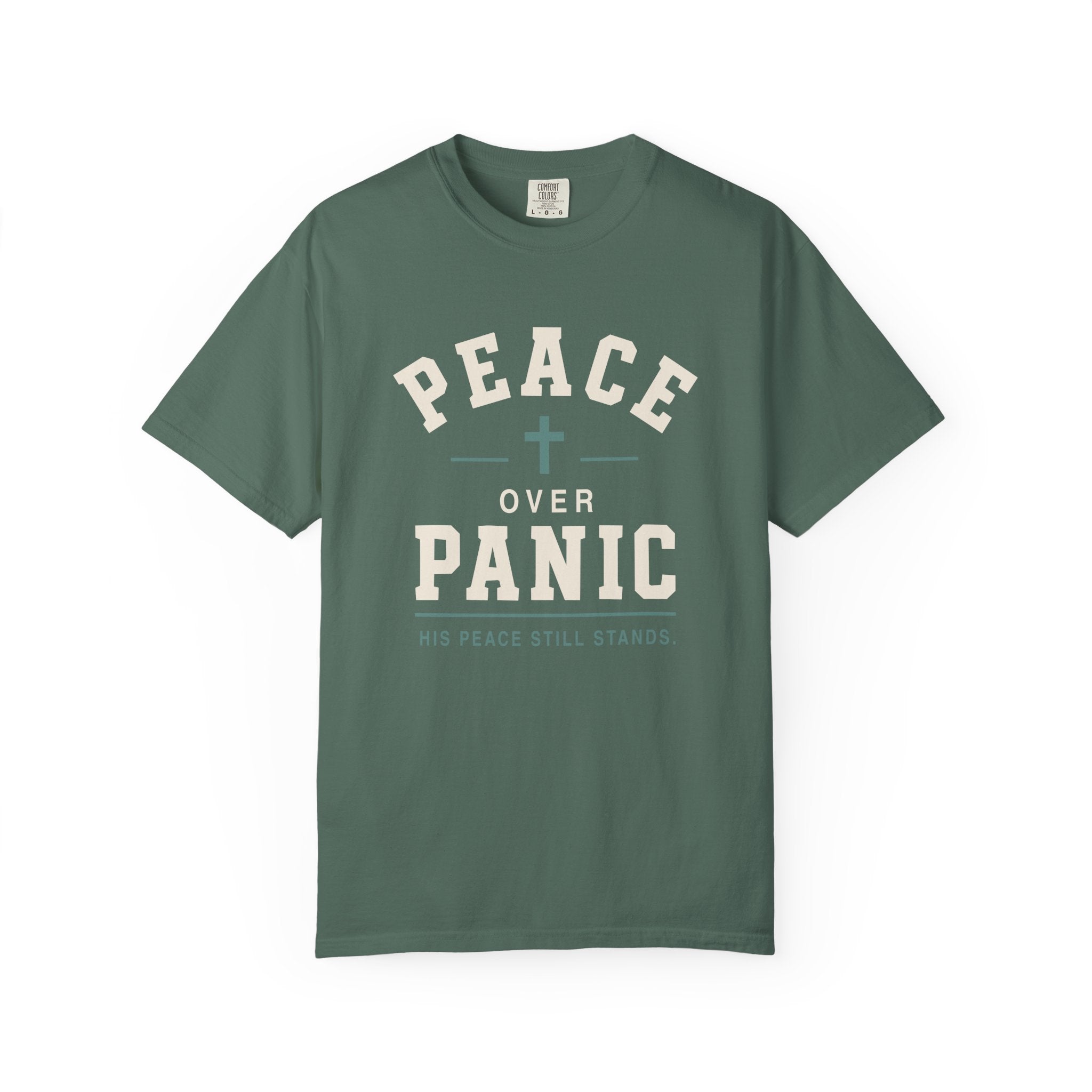Peace Over Panic cross graphic T-shirt | faith typography, calming message