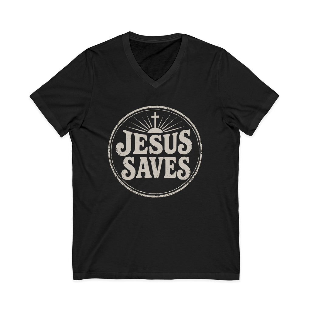 Jesus Saves V‑Neck T‑Shirt — Vintage Faith Graphic Tee