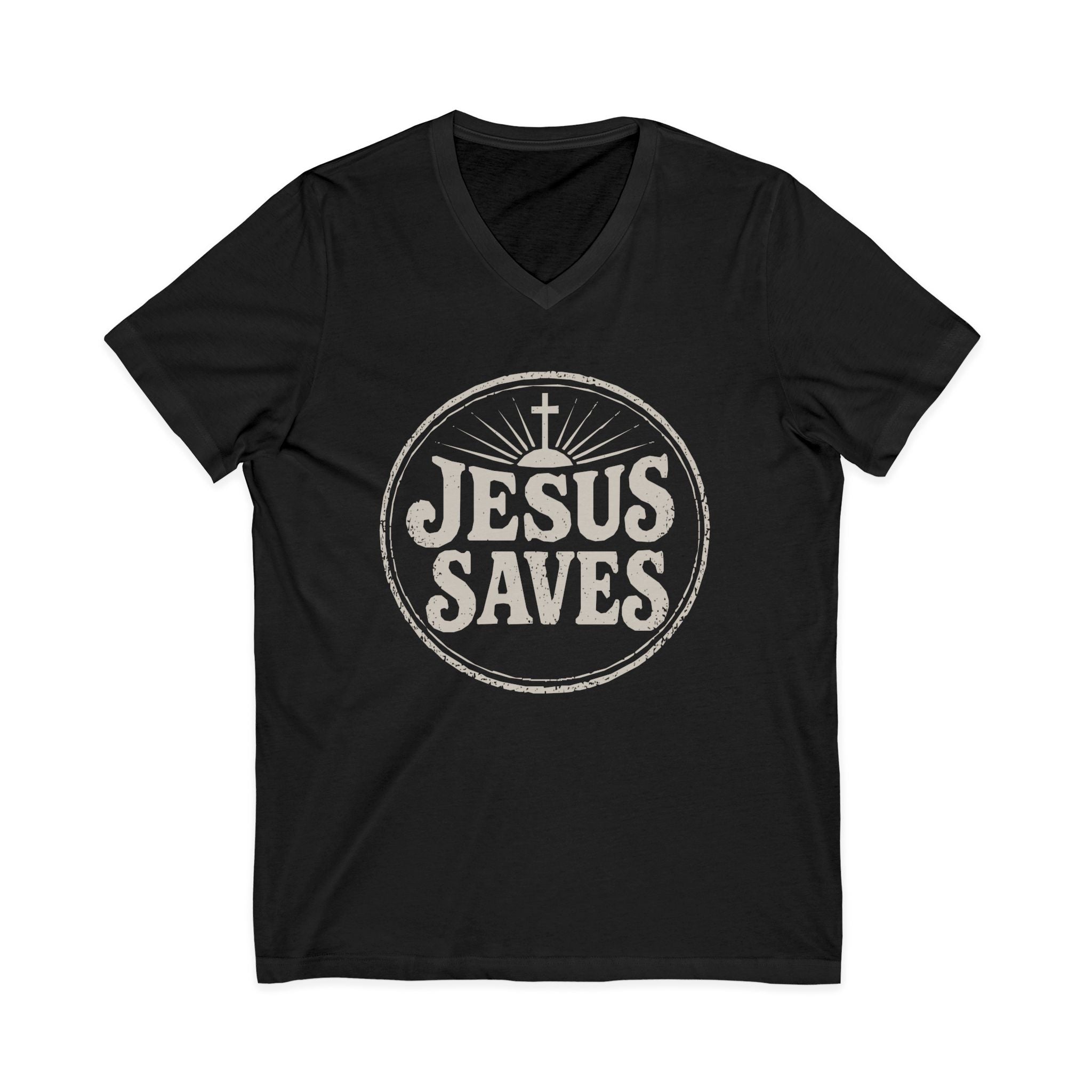 Jesus Saves V‑Neck T‑Shirt — Vintage Faith Graphic Tee