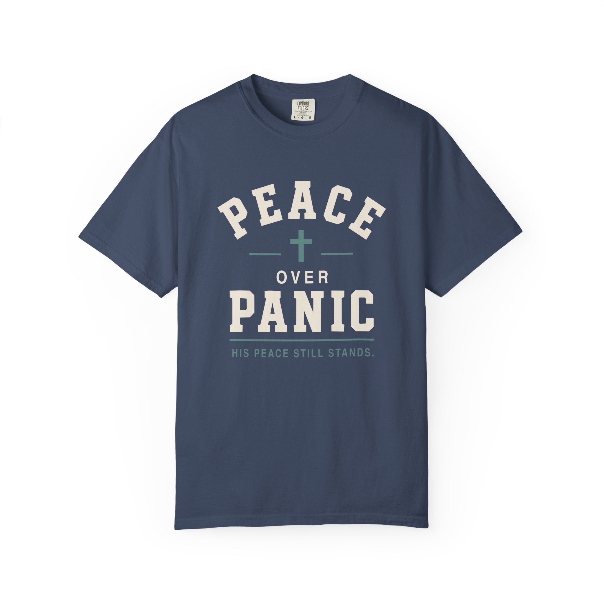 Peace Over Panic cross graphic T-shirt | faith typography, calming message
