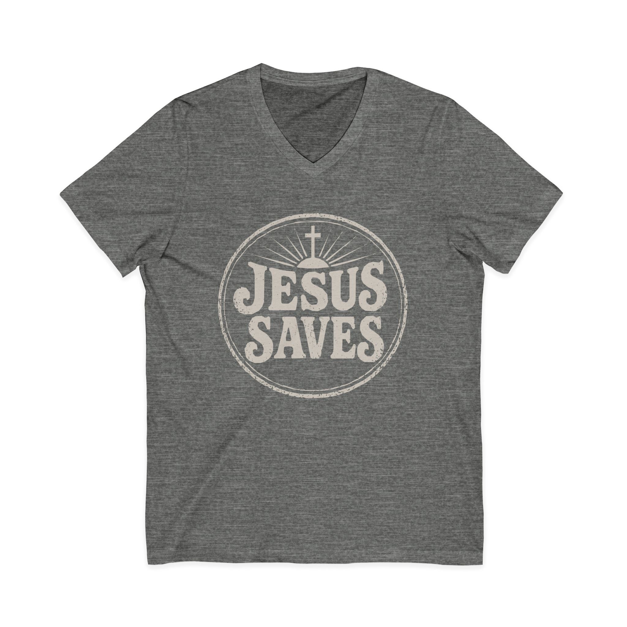 Jesus Saves V‑Neck T‑Shirt — Vintage Faith Graphic Tee