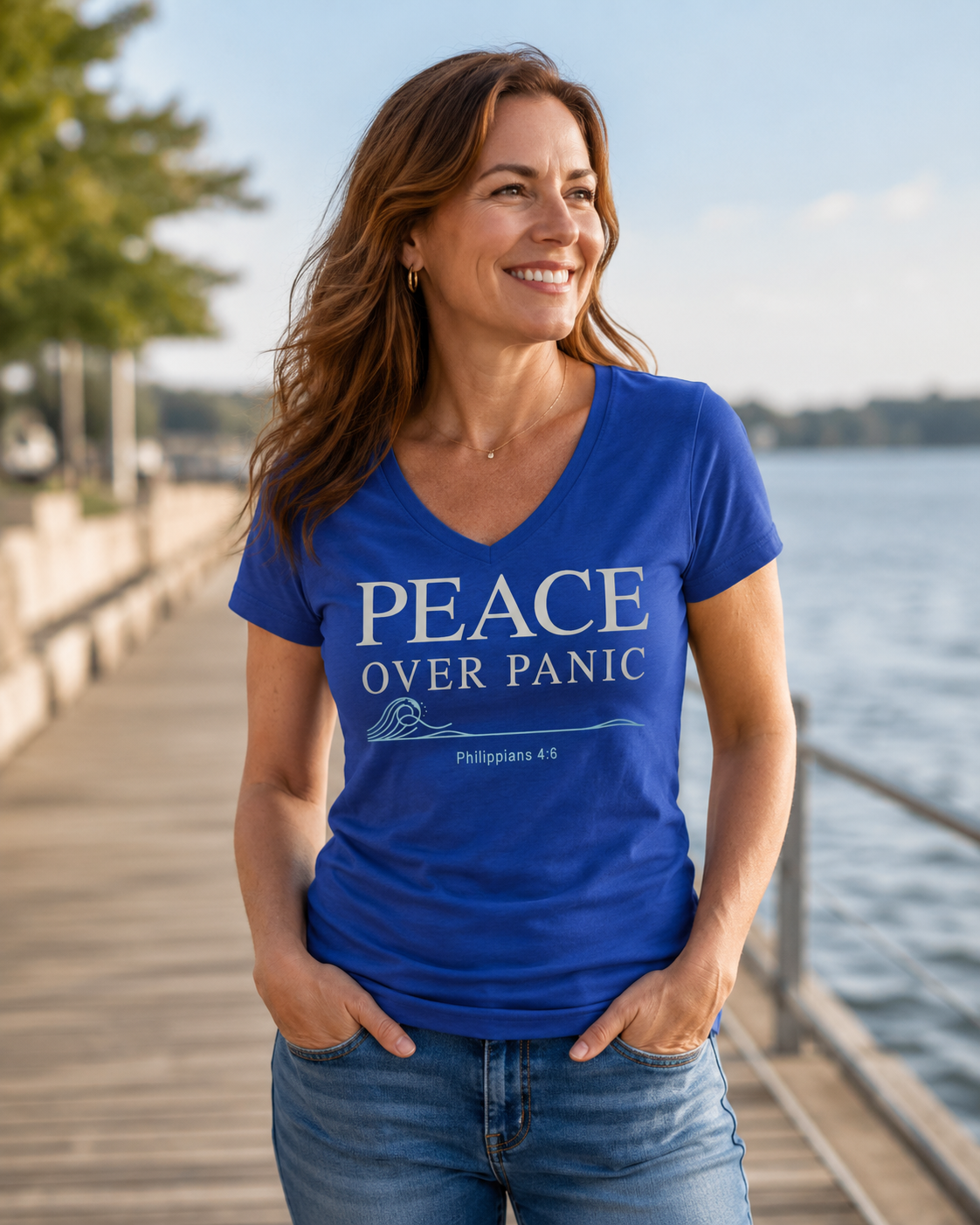 Peace Over Panic V-Neck Tee — Christian Faith Calm Shirt (Philippians 4:6)