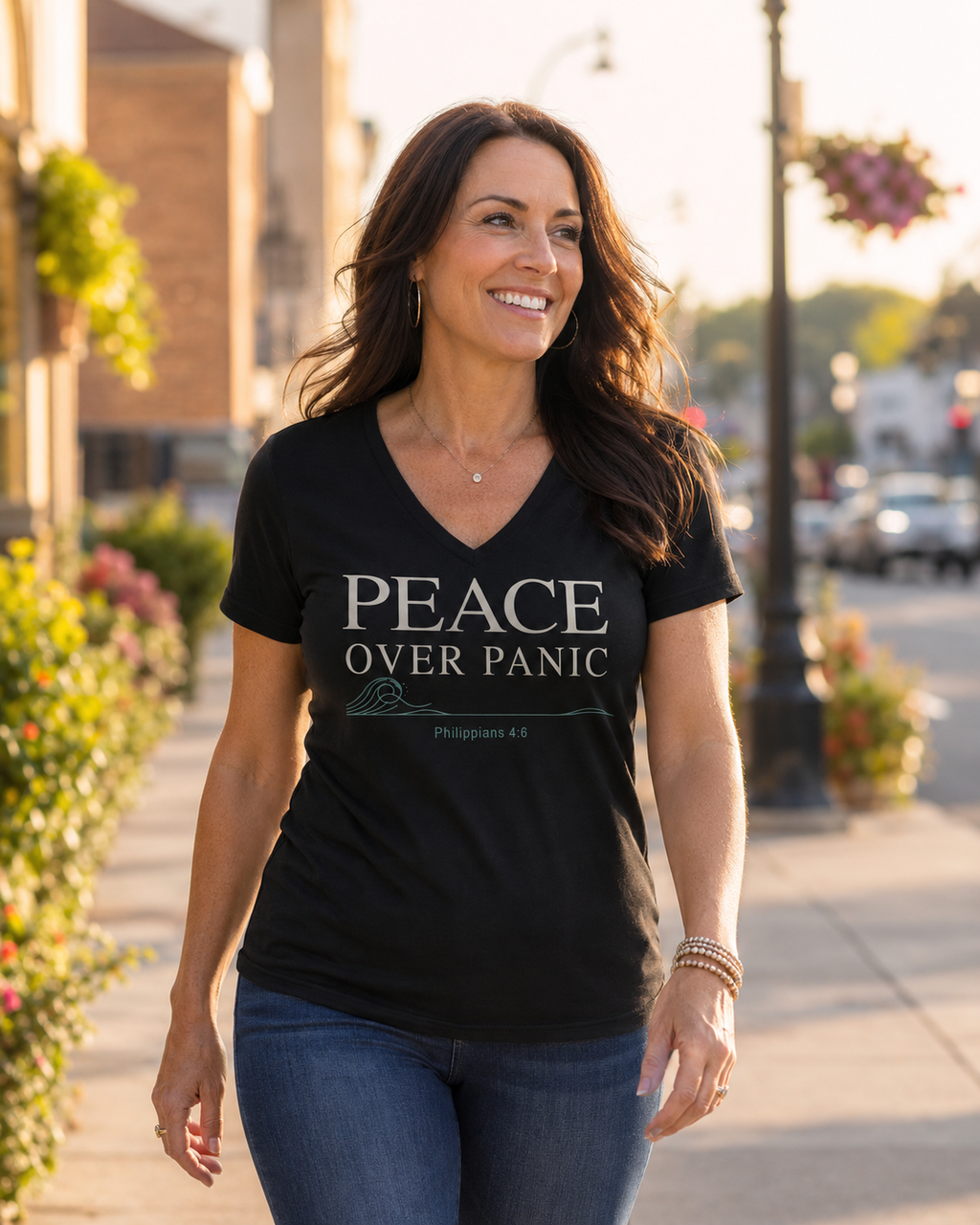 Peace Over Panic V-Neck Tee — Christian Faith Calm Shirt (Philippians 4:6)