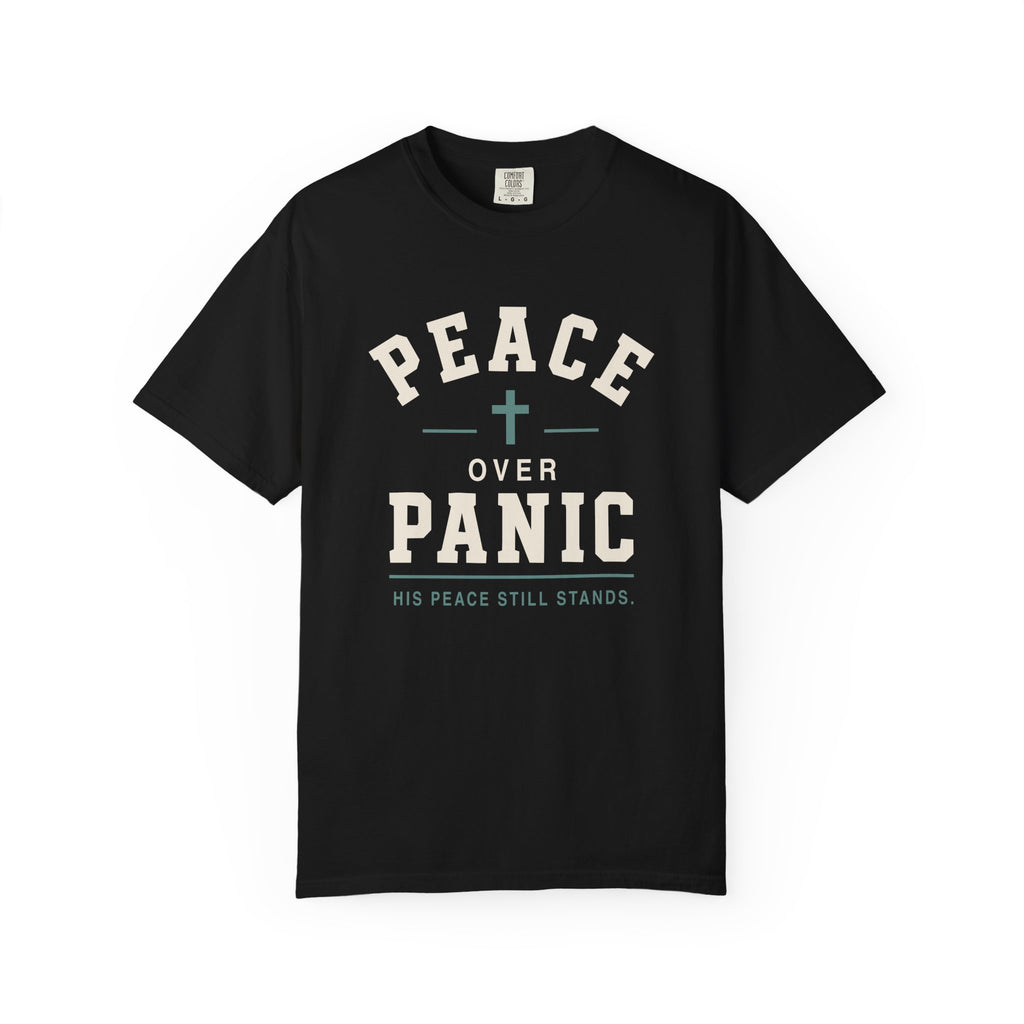 Peace Over Panic cross graphic T-shirt | faith typography, calming message