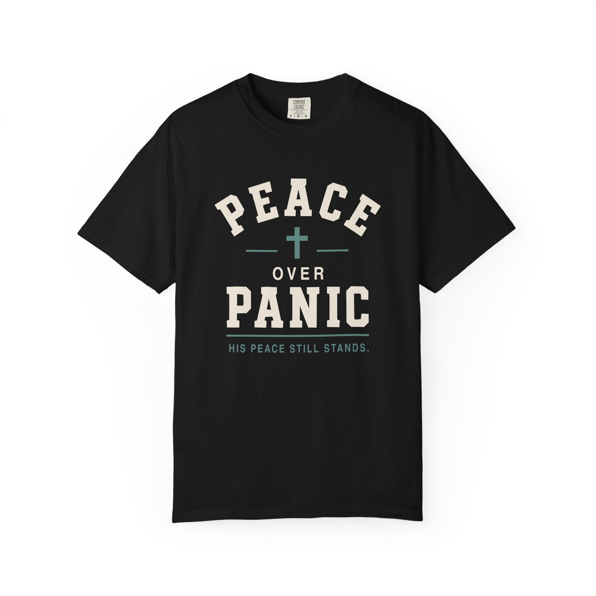 Peace Over Panic cross graphic T-shirt | faith typography, calming message