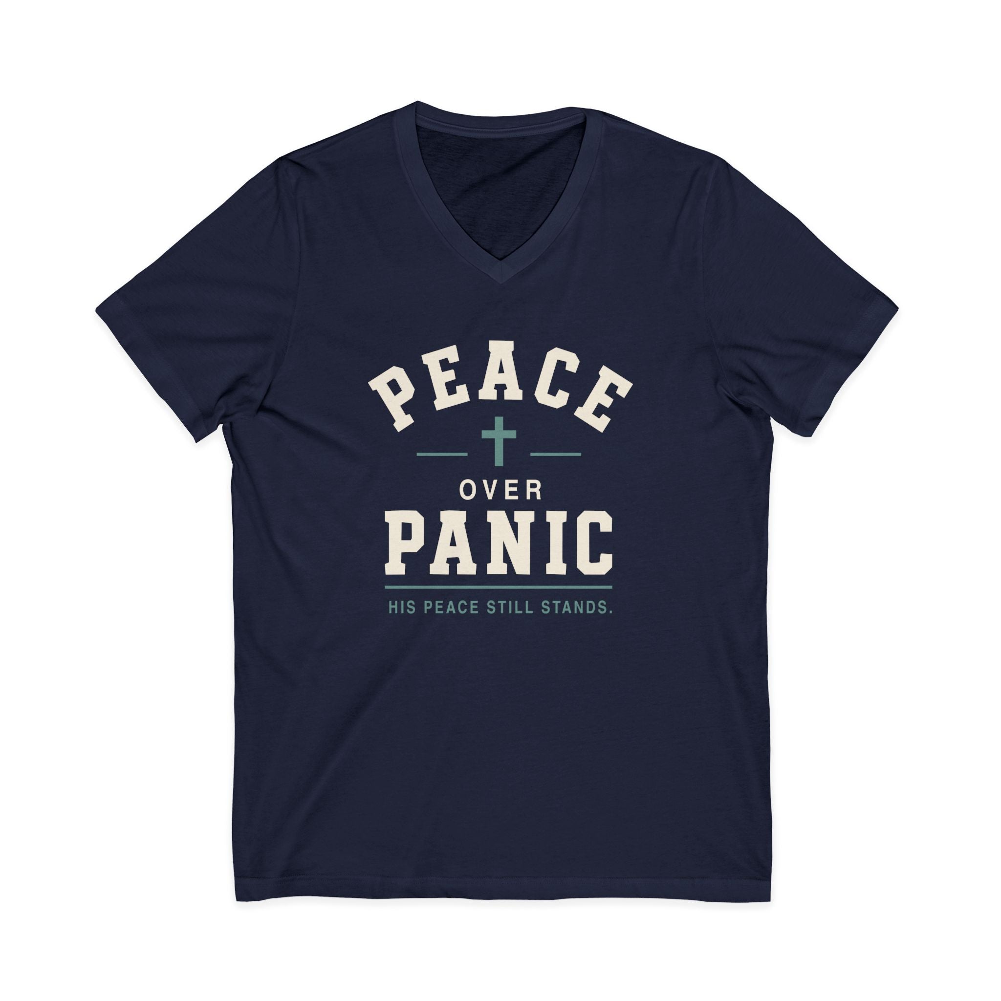 Peace Over Panic V-Neck Tee — Christian Faith Top with Cross (His Peace Still Stands)
