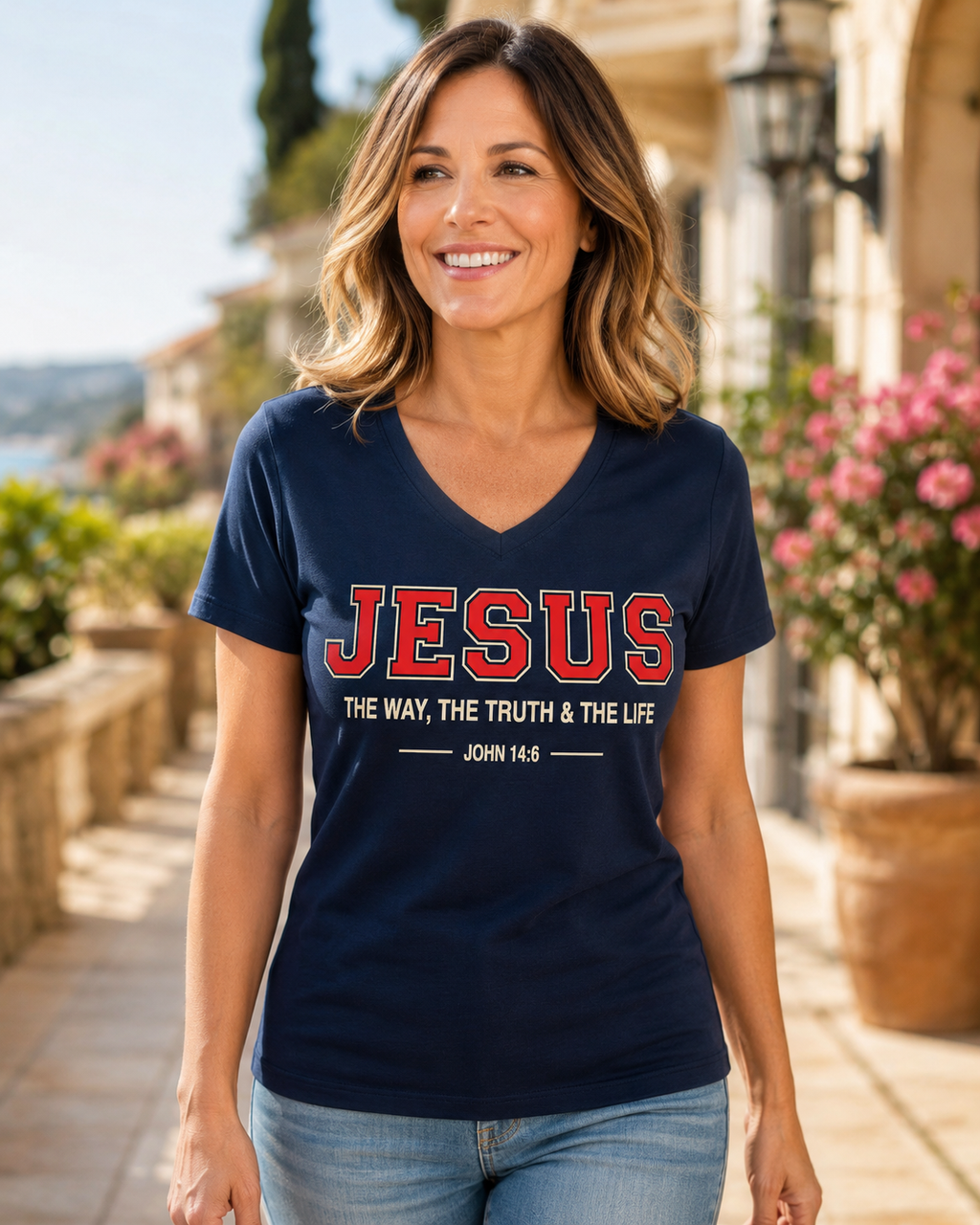 Jesus V‑Neck Tee — "Jesus: The Way, The Truth & The Life" Christian T‑Shirt (John 14:6)