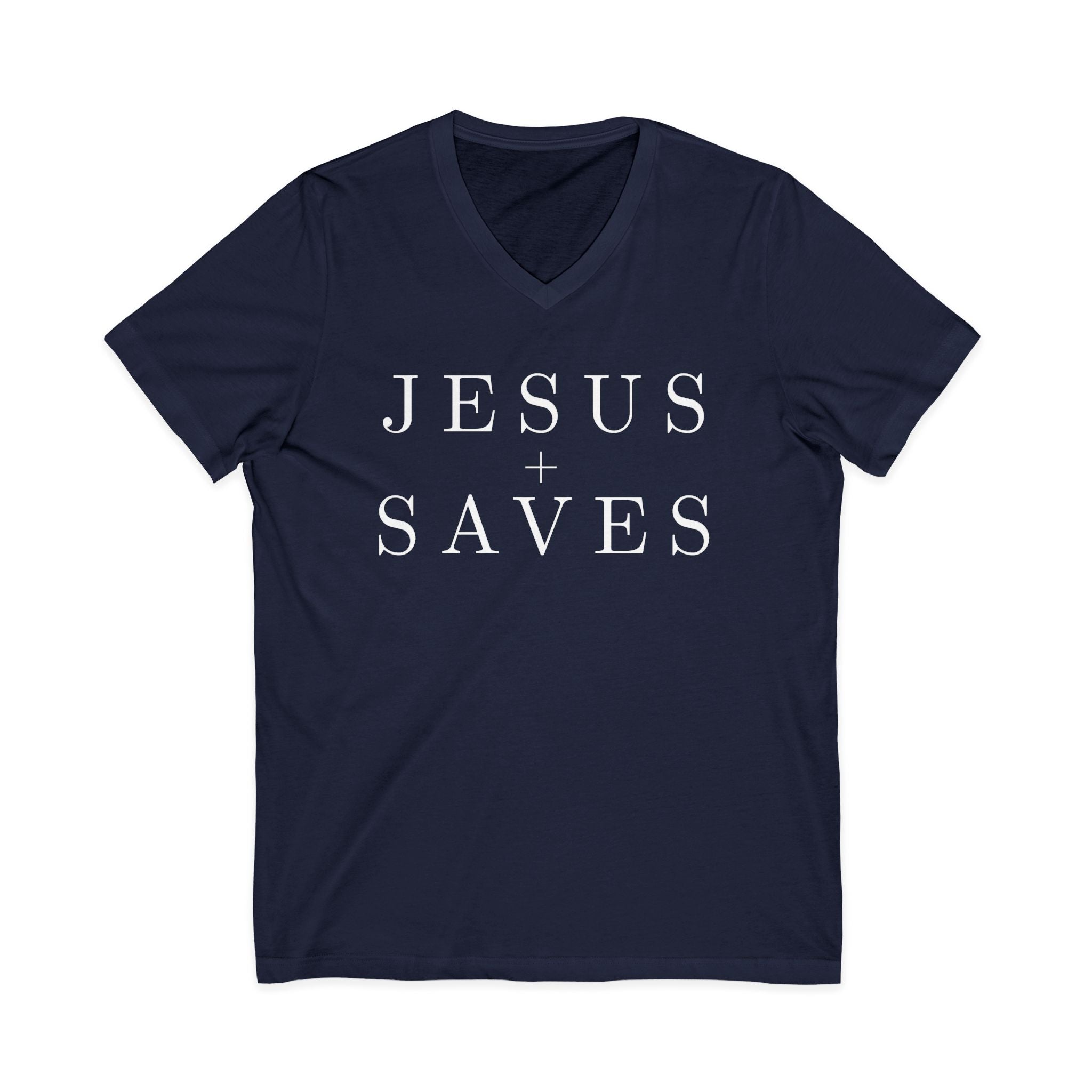 Jesus Saves V-Neck Tee — Christian Faith Graphic T-Shirt