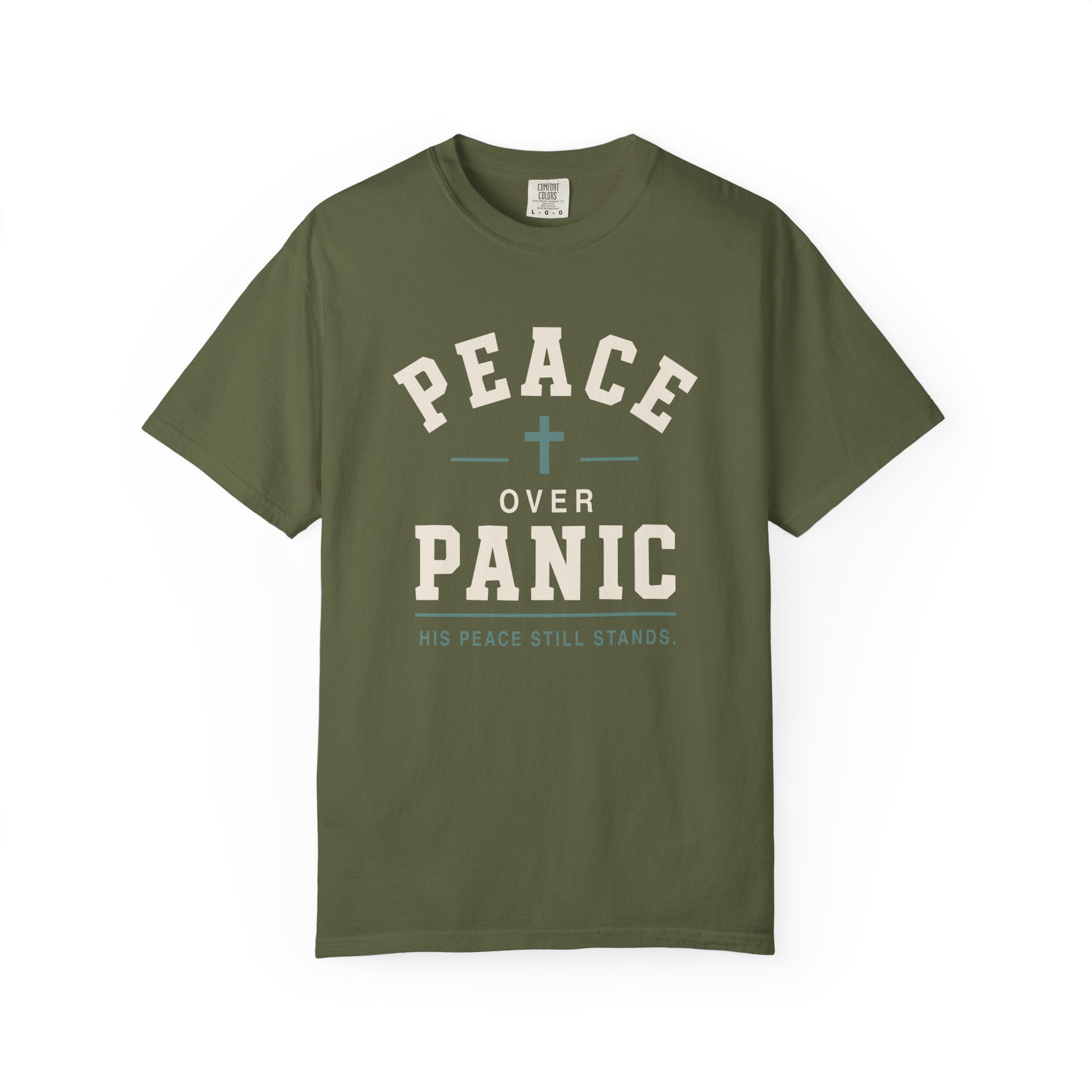 Peace Over Panic cross graphic T-shirt | faith typography, calming message