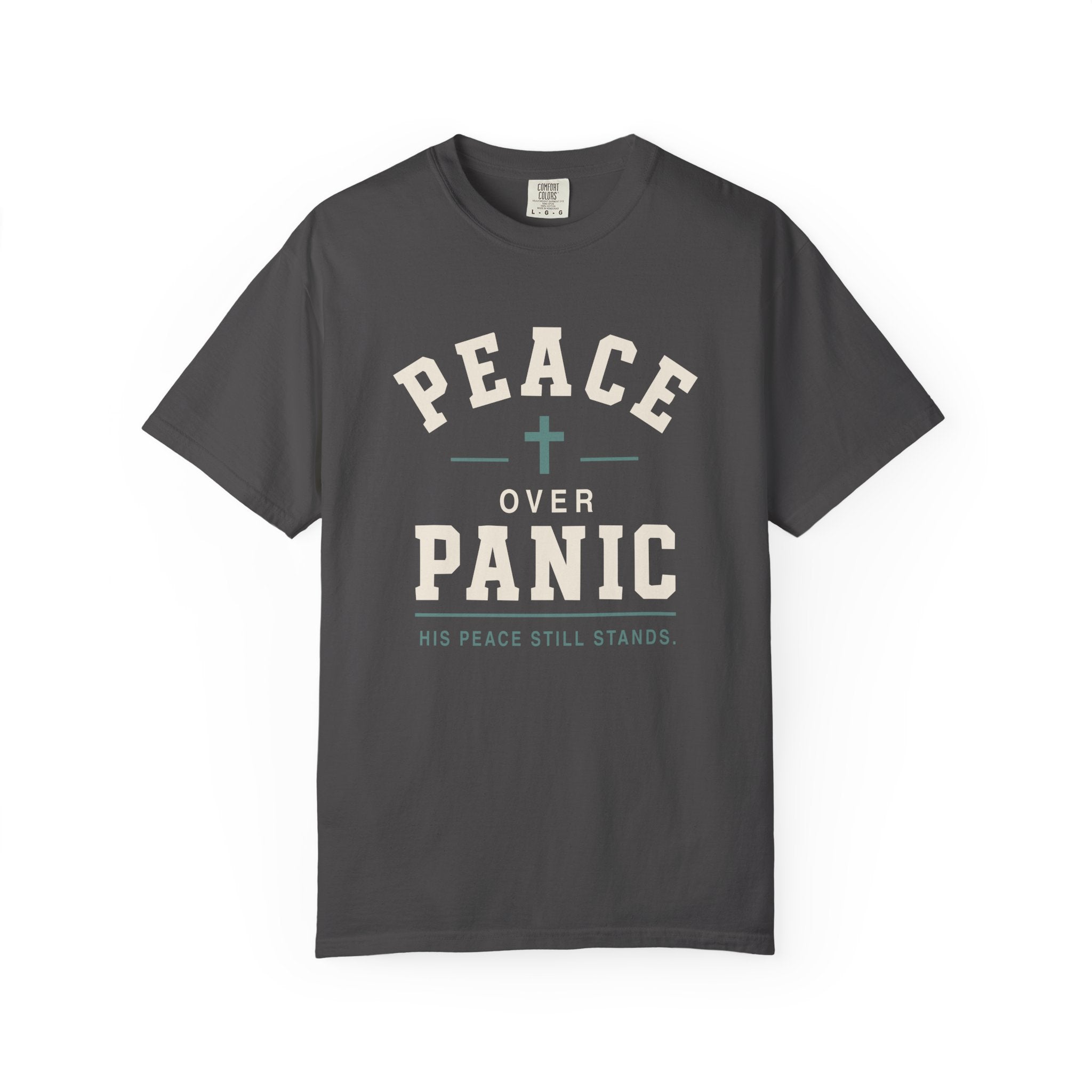 Peace Over Panic cross graphic T-shirt | faith typography, calming message