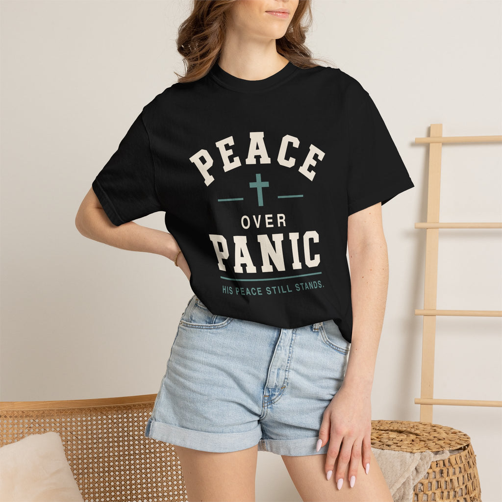 Peace Over Panic cross graphic T-shirt | faith typography, calming message