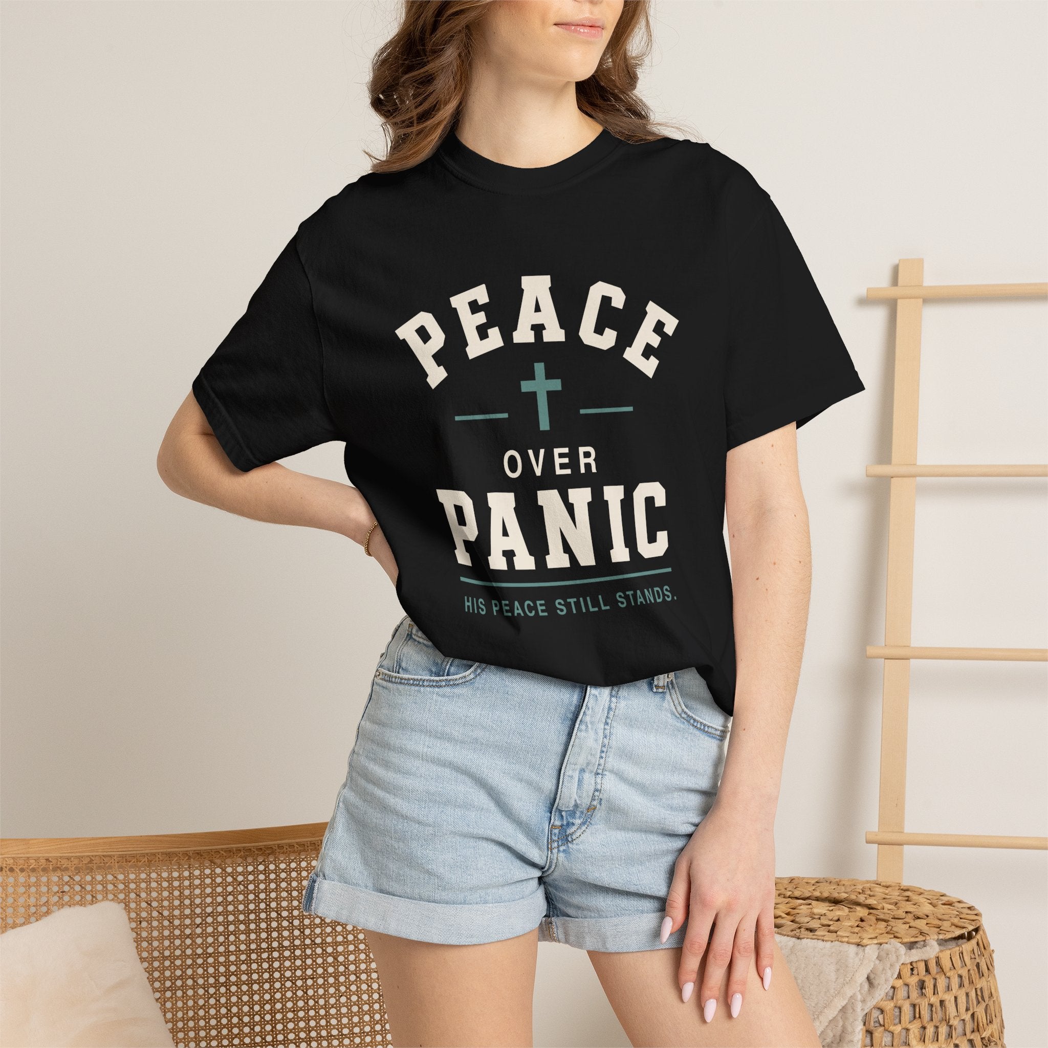 Peace Over Panic cross graphic T-shirt | faith typography, calming message