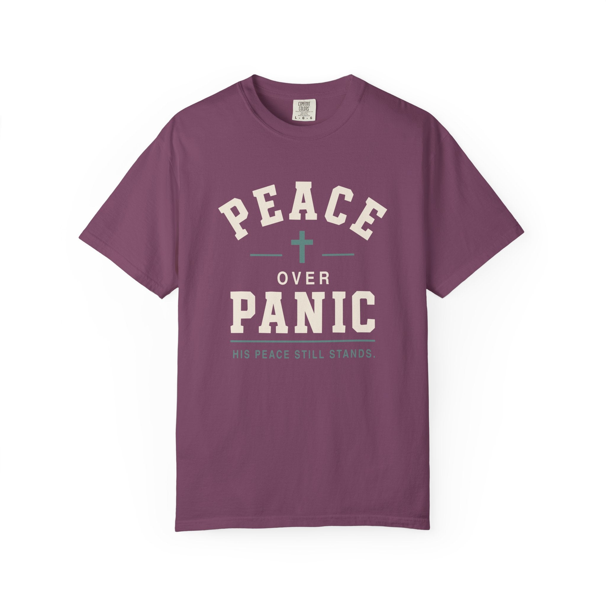 Peace Over Panic cross graphic T-shirt | faith typography, calming message