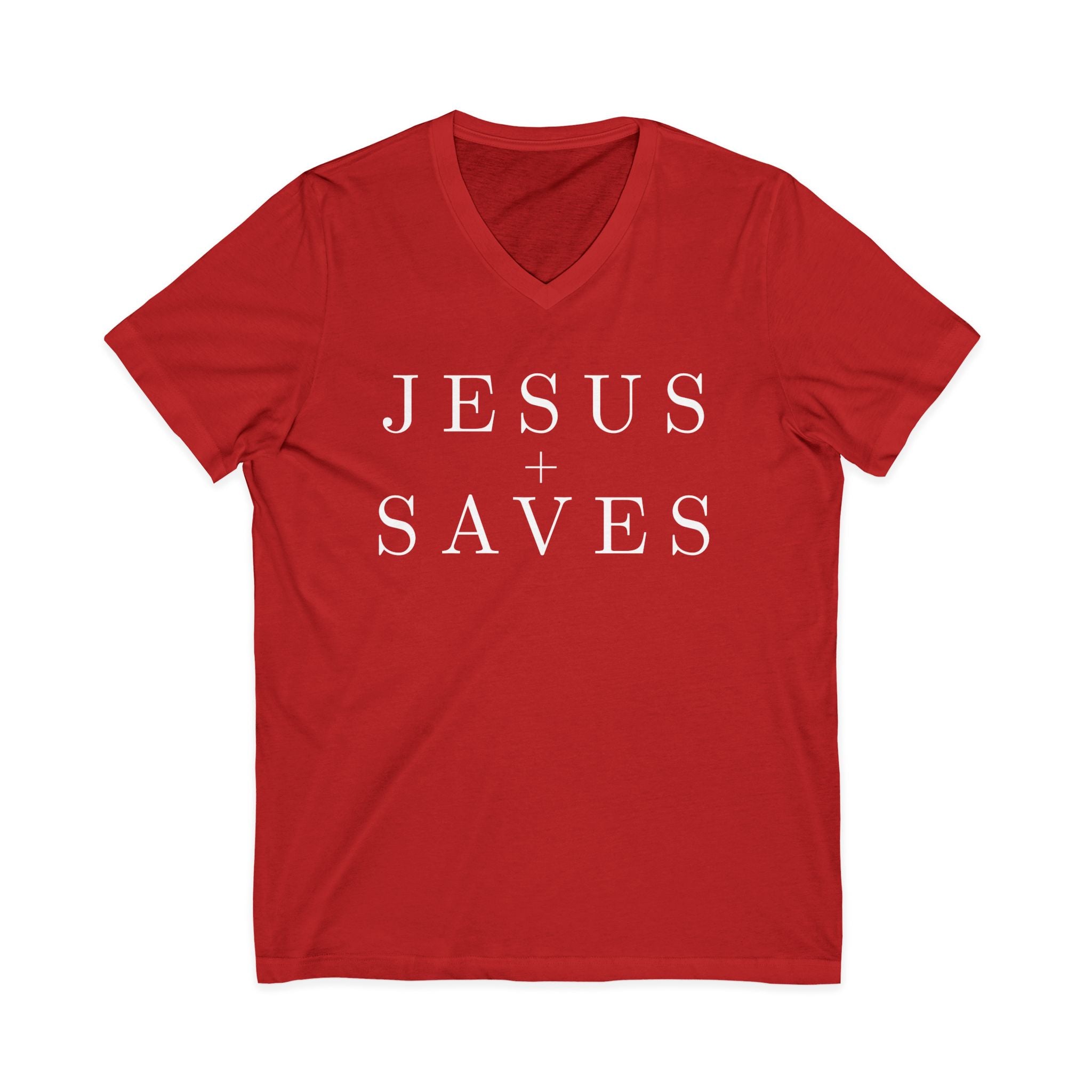 Jesus Saves V-Neck Tee — Christian Faith Graphic T-Shirt