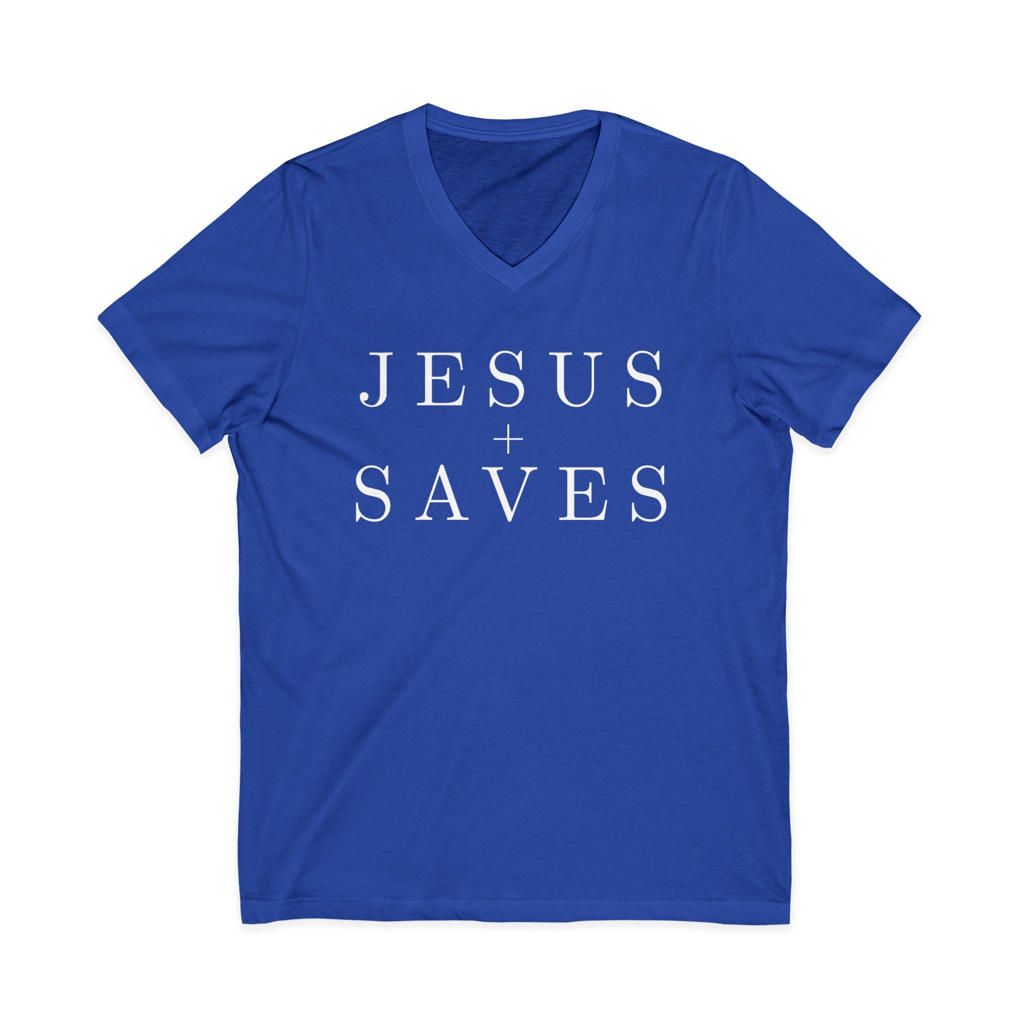 Jesus Saves V-Neck Tee — Christian Faith Graphic T-Shirt
