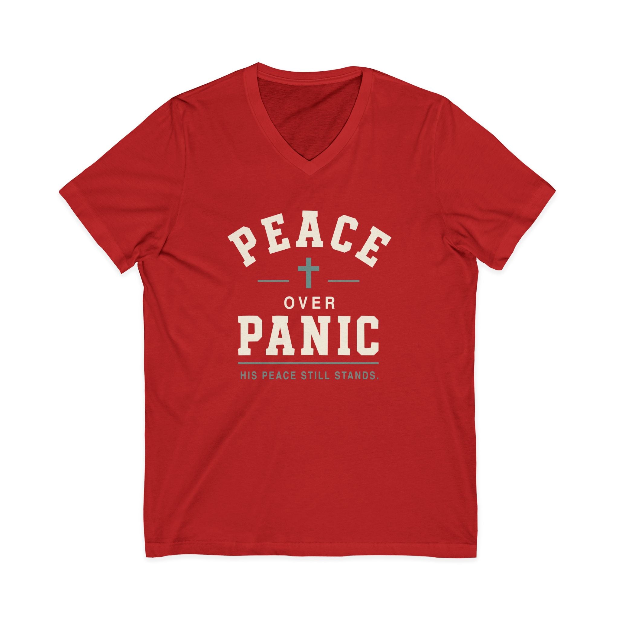 Peace Over Panic V-Neck Tee — Christian Faith Top with Cross (His Peace Still Stands)