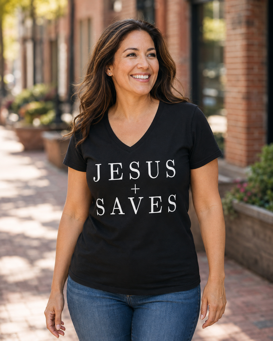 Jesus Saves V-Neck Tee — Christian Faith Graphic T-Shirt