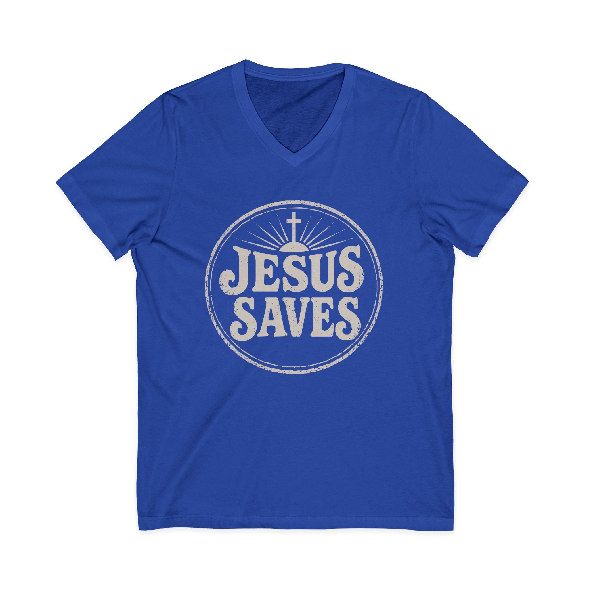 Jesus Saves V‑Neck T‑Shirt — Vintage Faith Graphic Tee