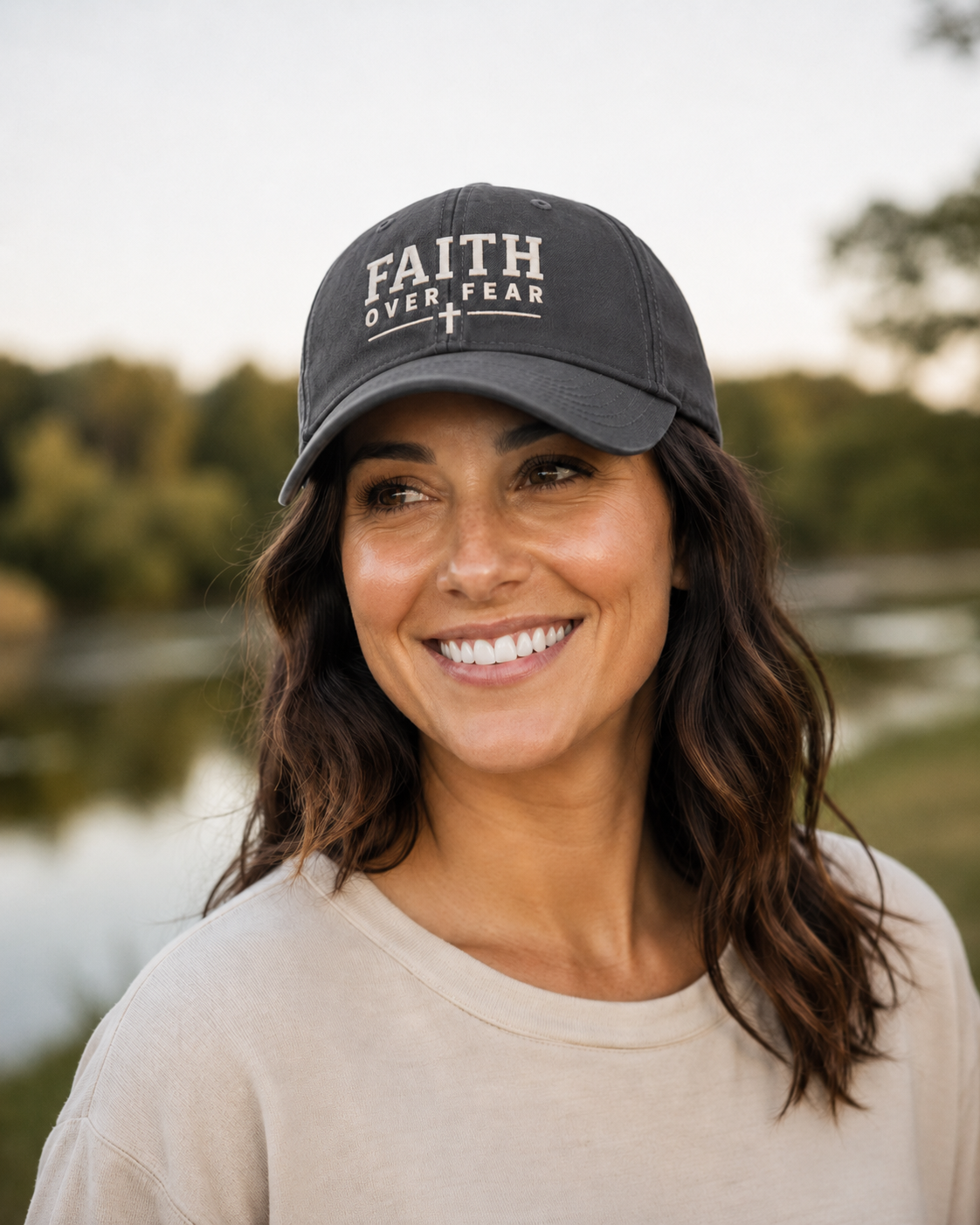 A smiling woman outdoors by a lake wearing a dark gray baseball cap with the text 'FAITH OVER FEAR' in white, paired with a light beige crewneck sweatshirt.