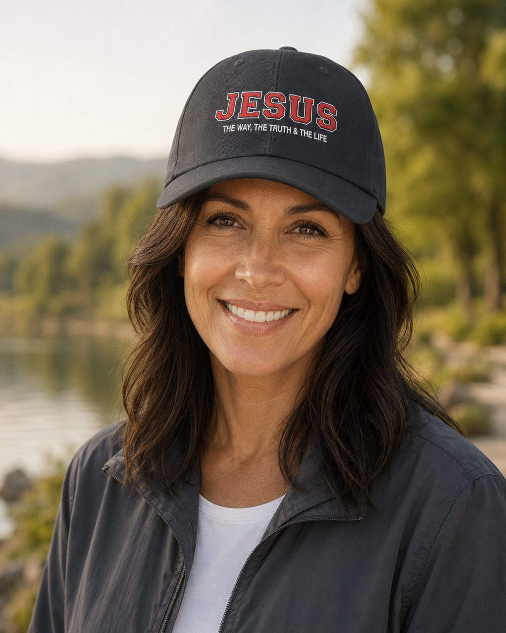 Woman wearing a dark grey Jesus Christian hat embroidered with “The Way, The Truth & The Life” beside a scenic lake