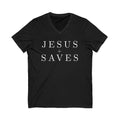 Jesus Saves V-Neck Tee — Christian Faith Graphic T-Shirt