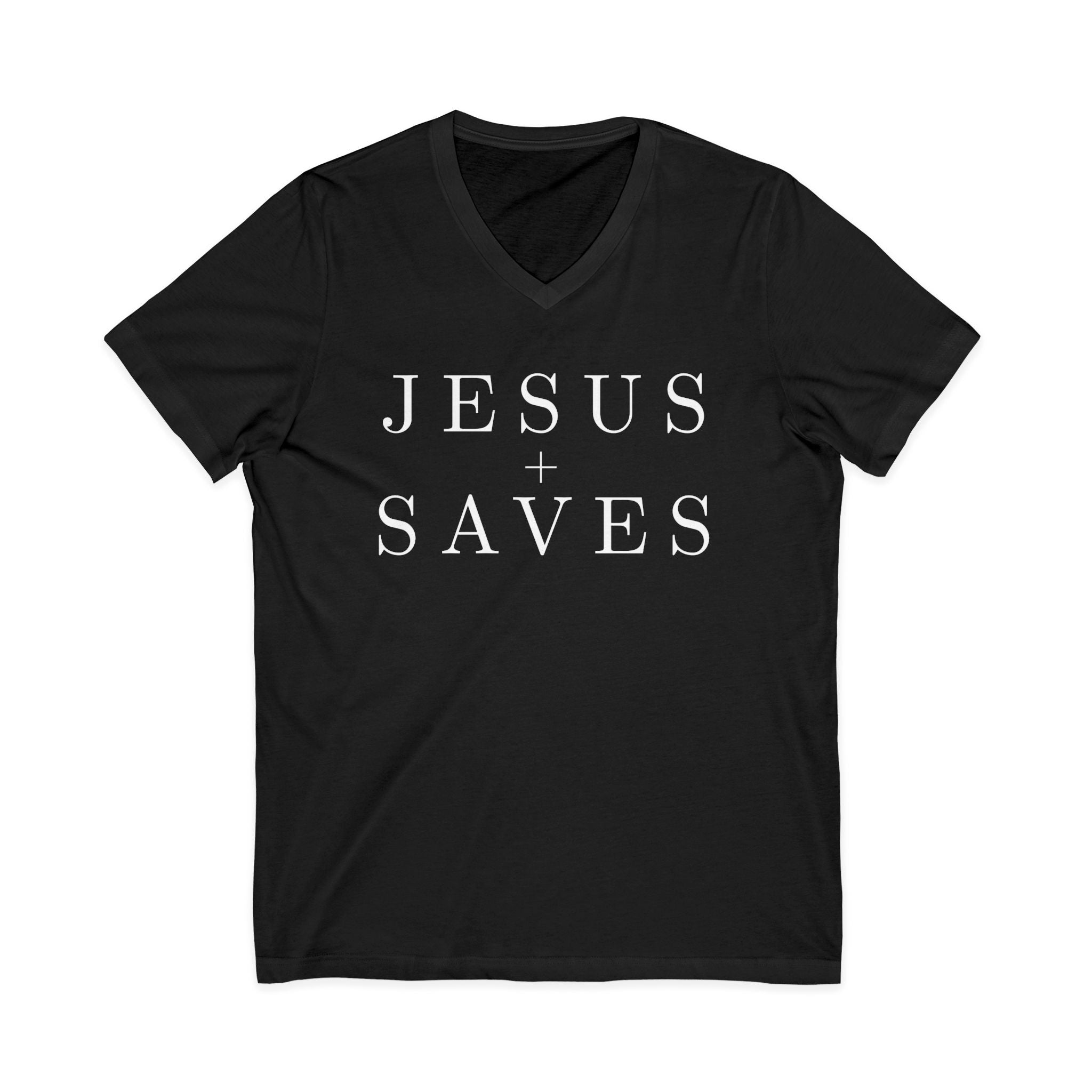 Jesus Saves V-Neck Tee — Christian Faith Graphic T-Shirt