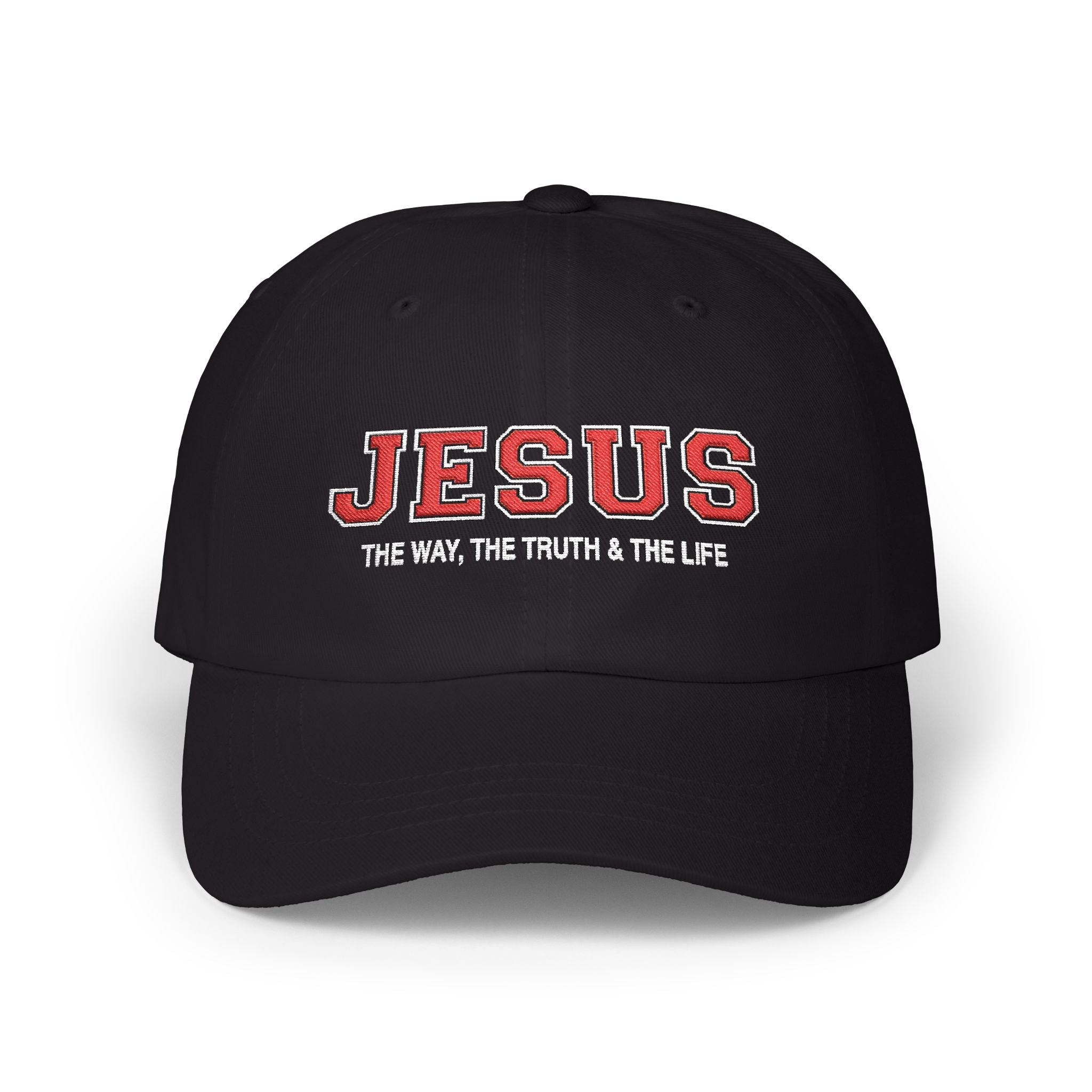 Black Jesus Christian baseball hat embroidered with red JESUS lettering and “The Way, The Truth & The Life” on a plain white background