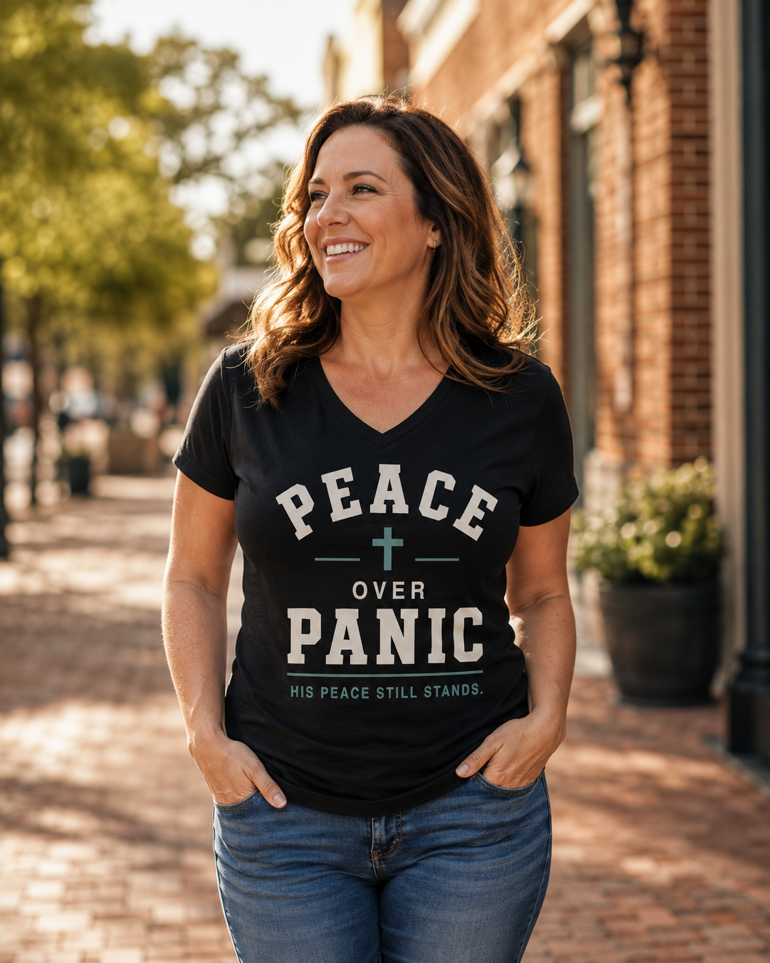 Peace Over Panic V-Neck Tee — Christian Faith Top with Cross (His Peace Still Stands)