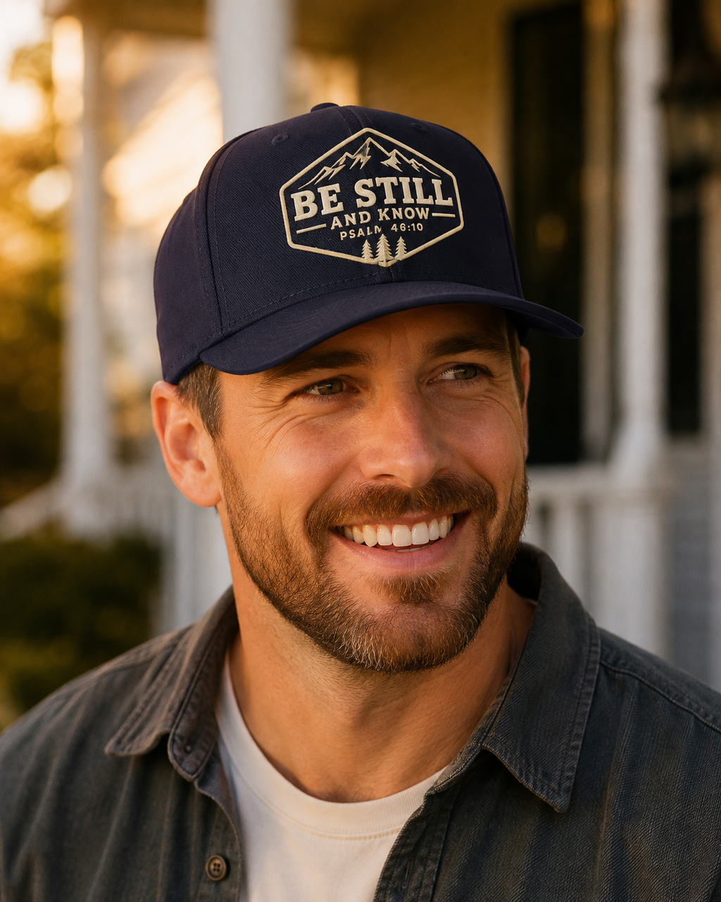 A smiling man wearing a navy blue baseball cap with a beige embroidered logo that reads 'BE STILL AND KNOW PEASLE AND MINE' on a porch with warm golden-hour lighting.