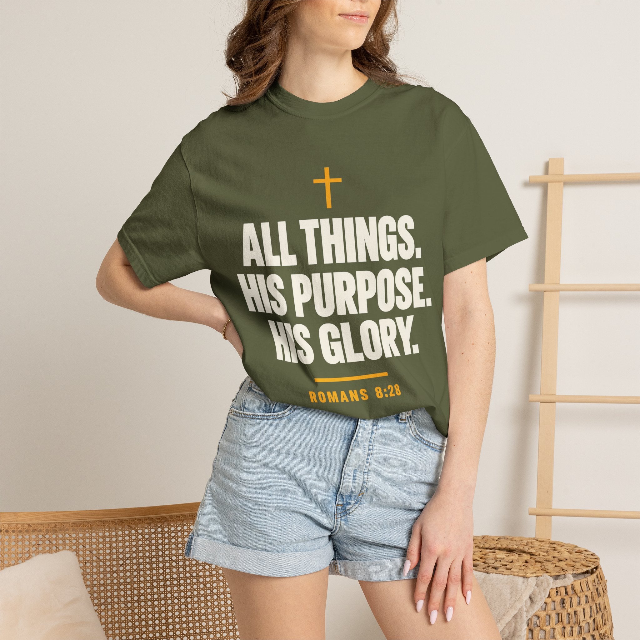 All Things His Purpose His Glory Romans 8:28 T-Shirt | Christian Faith Tee