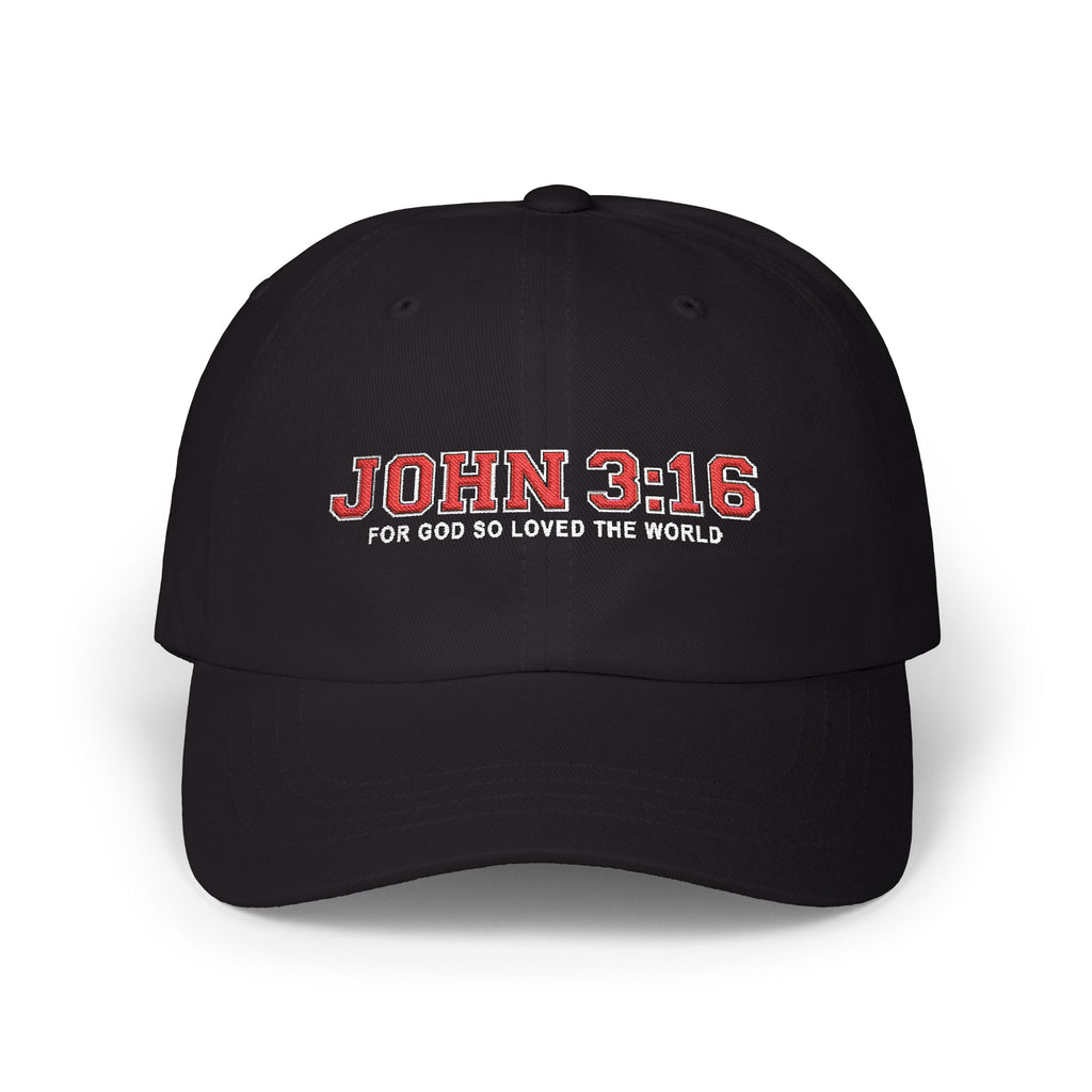 A black baseball cap with 'JOHN 3:16 FOR GOD SO LOVED THE WORLD' embroidered on the front in red and white, shown against a plain white background.