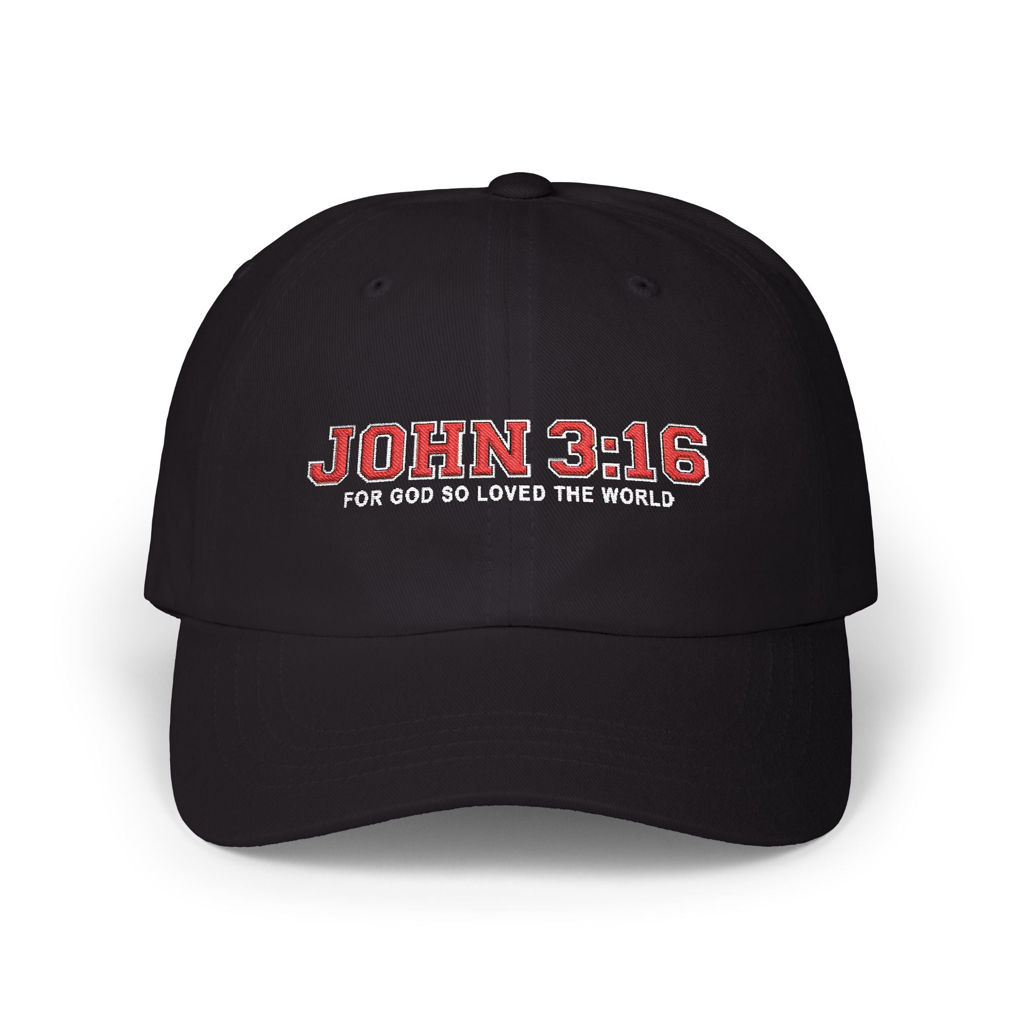 A black baseball cap with 'JOHN 3:16 FOR GOD SO LOVED THE WORLD' embroidered on the front in red and white, shown against a plain white background.