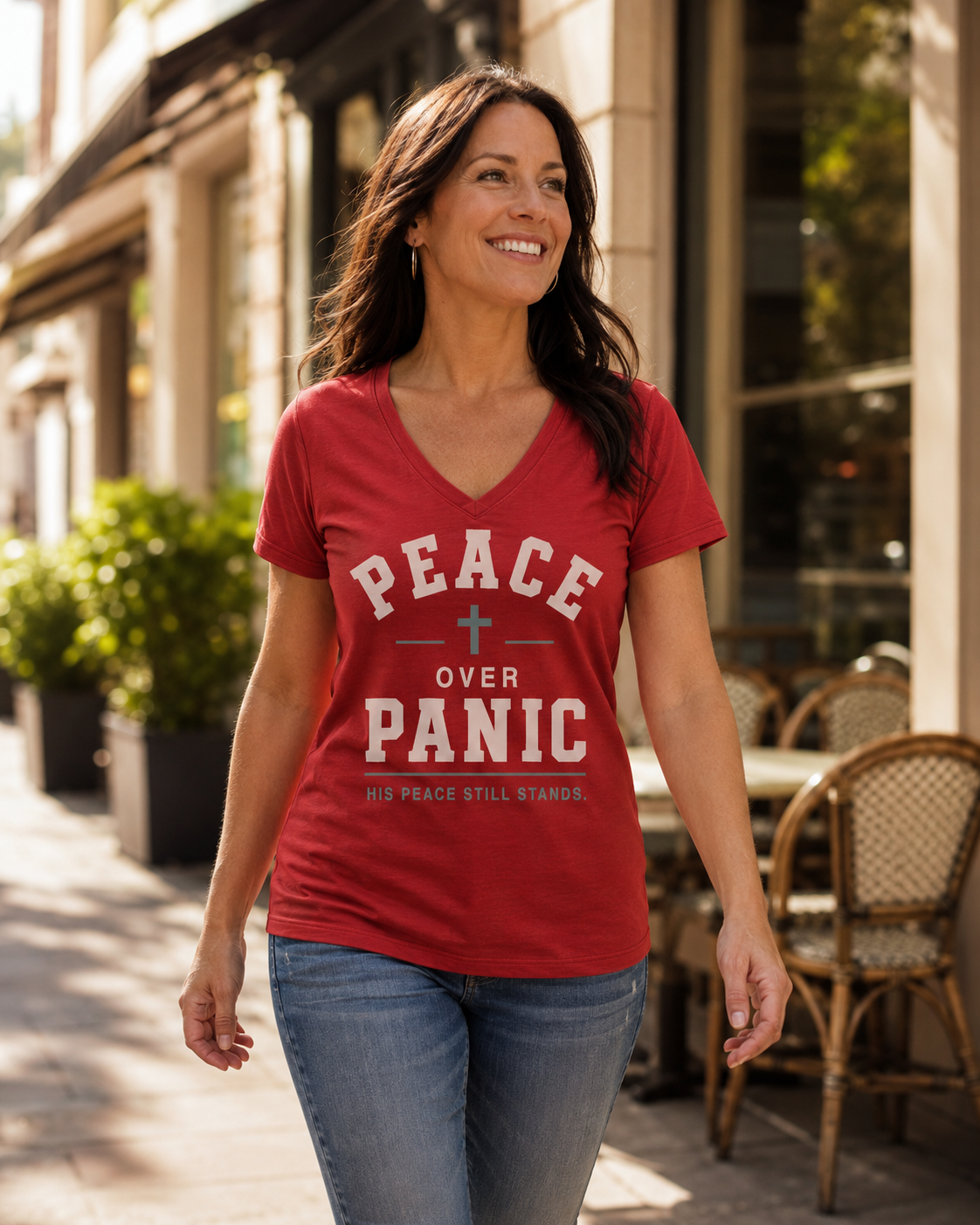 Peace Over Panic V-Neck Tee — Christian Faith Top with Cross (His Peace Still Stands)