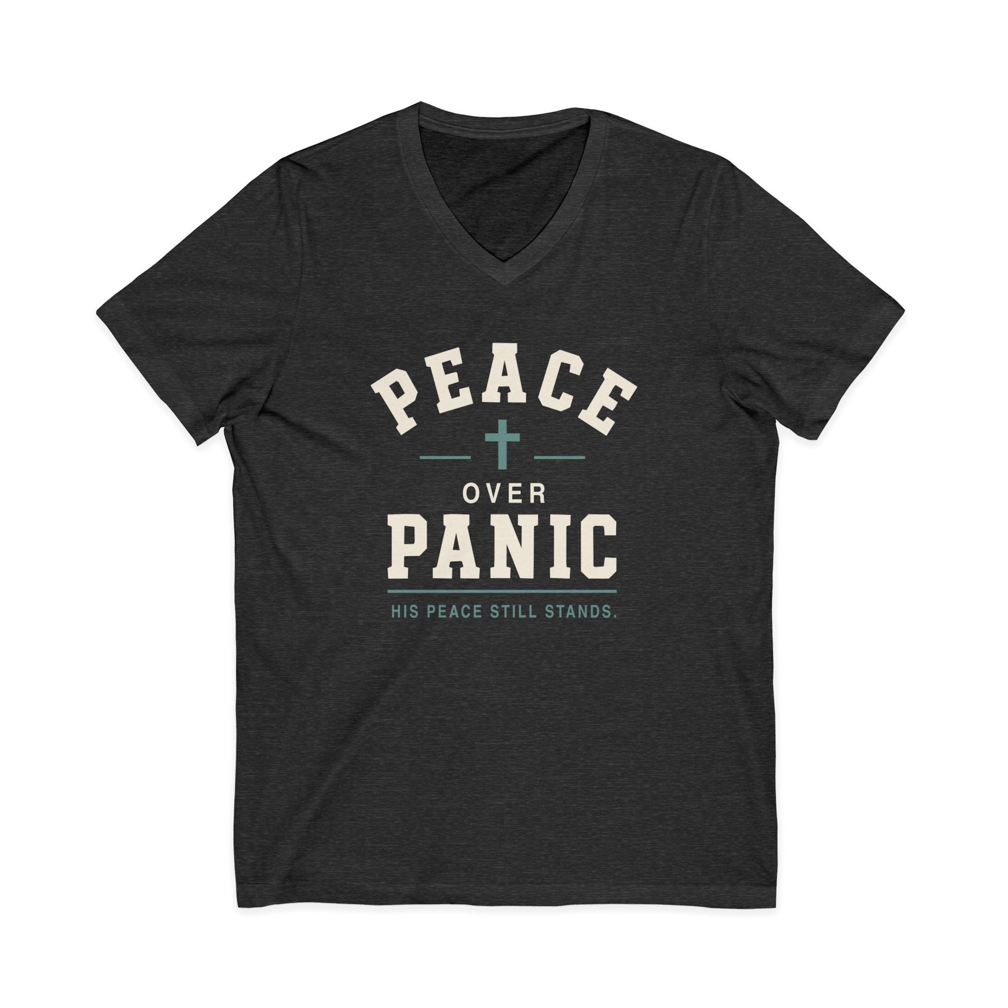 Peace Over Panic V-Neck Tee — Christian Faith Top with Cross (His Peace Still Stands)