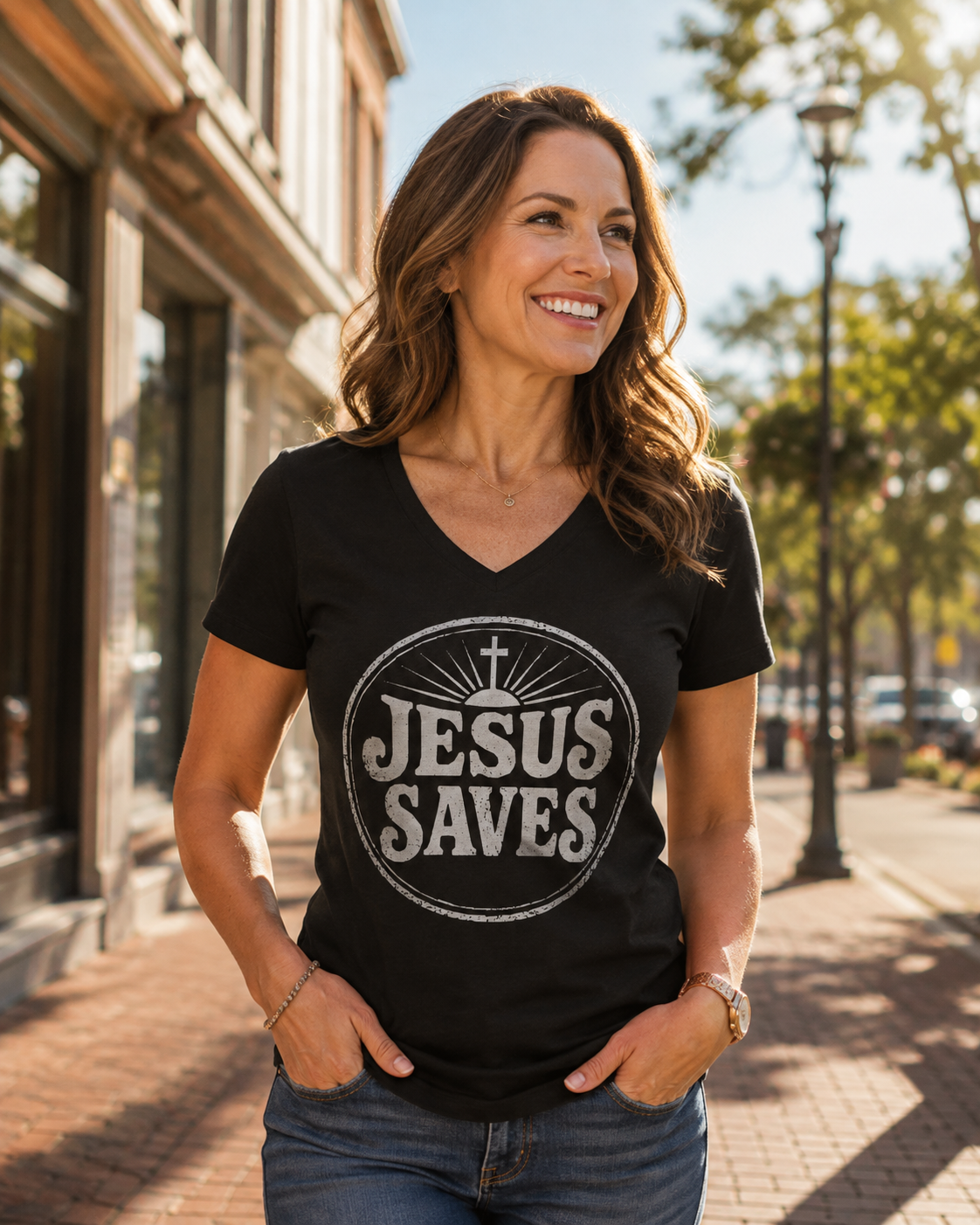 Jesus Saves V‑Neck T‑Shirt — Vintage Faith Graphic Tee