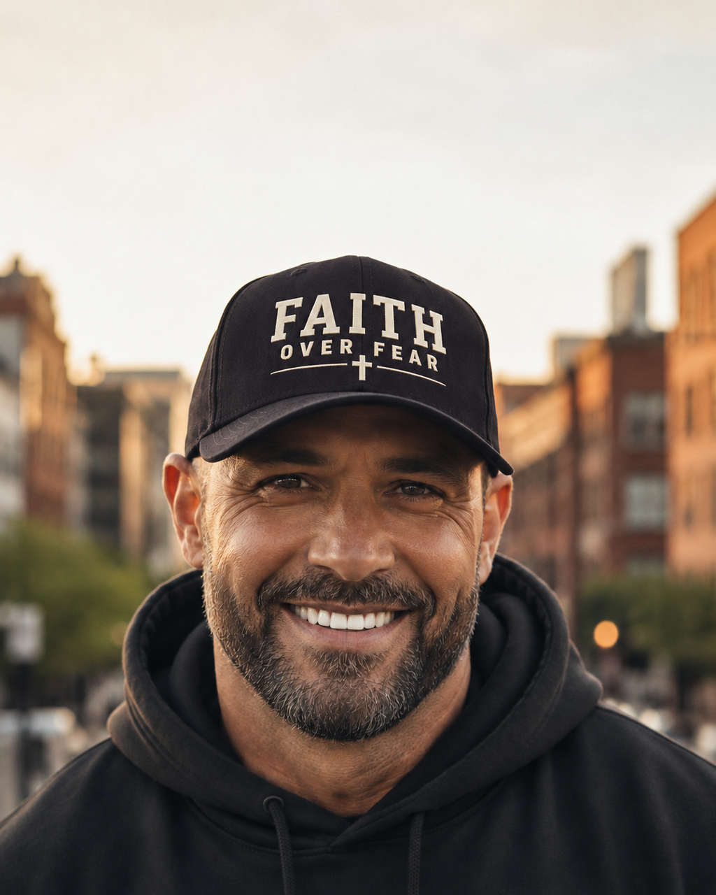 A smiling man wearing a black baseball cap with the text 'FAITH OVER FEAR' in white, photographed outdoors with a softly blurred city background at sunset.