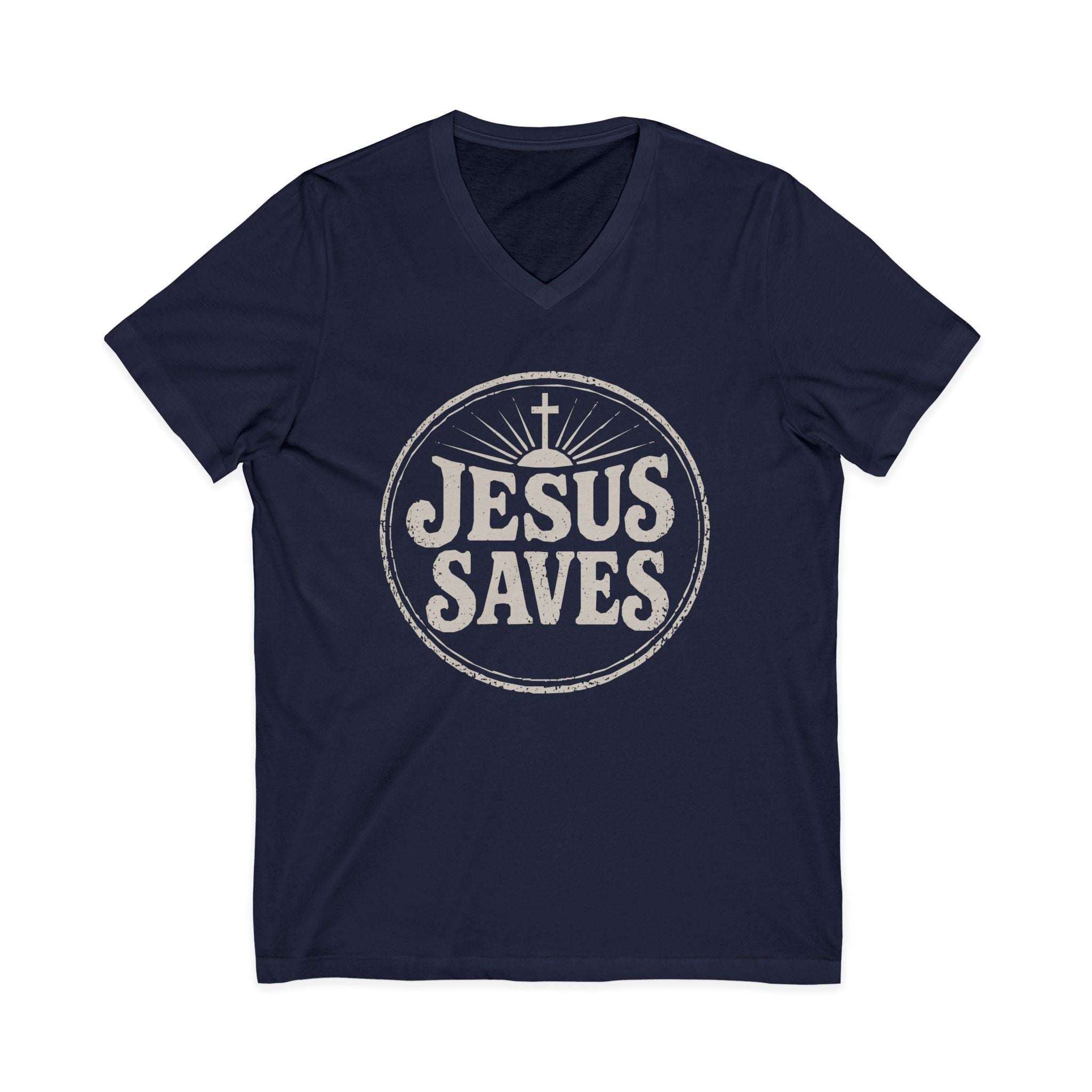 Jesus Saves V‑Neck T‑Shirt — Vintage Faith Graphic Tee