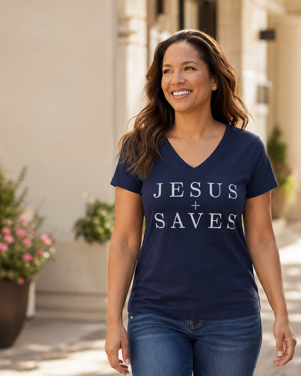 Jesus Saves V-Neck Tee — Christian Faith Graphic T-Shirt