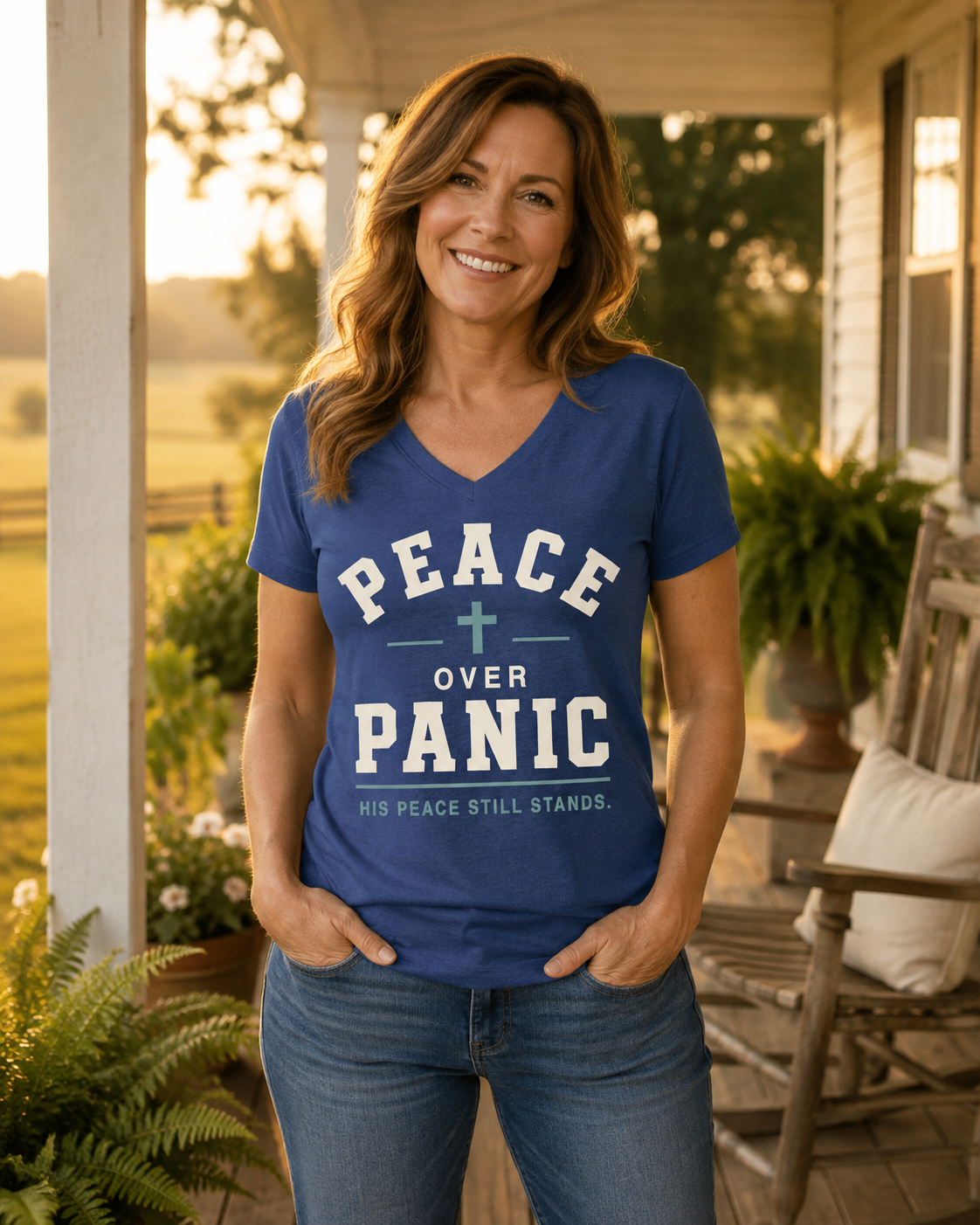 Peace Over Panic V-Neck Tee — Christian Faith Top with Cross (His Peace Still Stands)