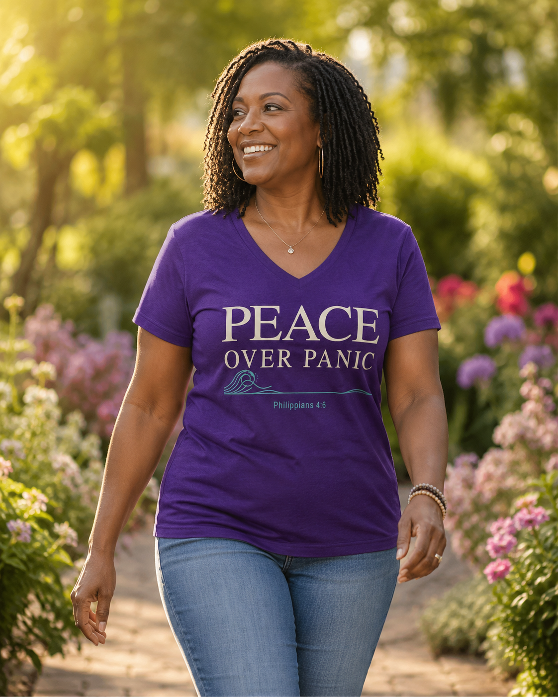 Peace Over Panic V-Neck Tee — Christian Faith Calm Shirt (Philippians 4:6)