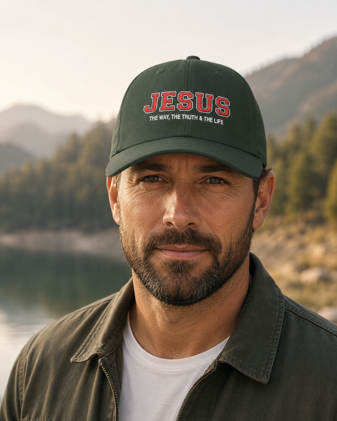 Man wearing a spruce green Jesus Christian hat embroidered with “The Way, The Truth & The Life” in a mountain lakeside setting